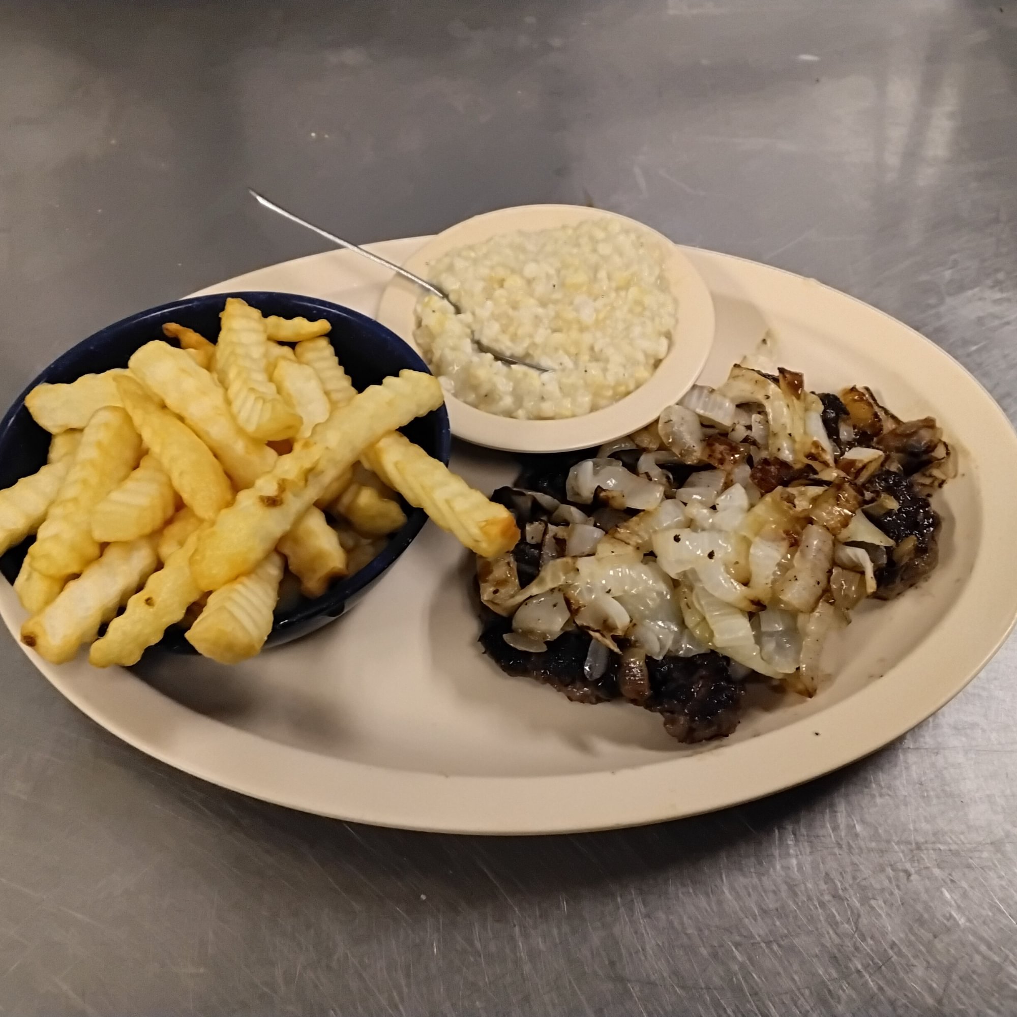 6 oz. Hamburger Steak with Grilled Onions & 2 Sides