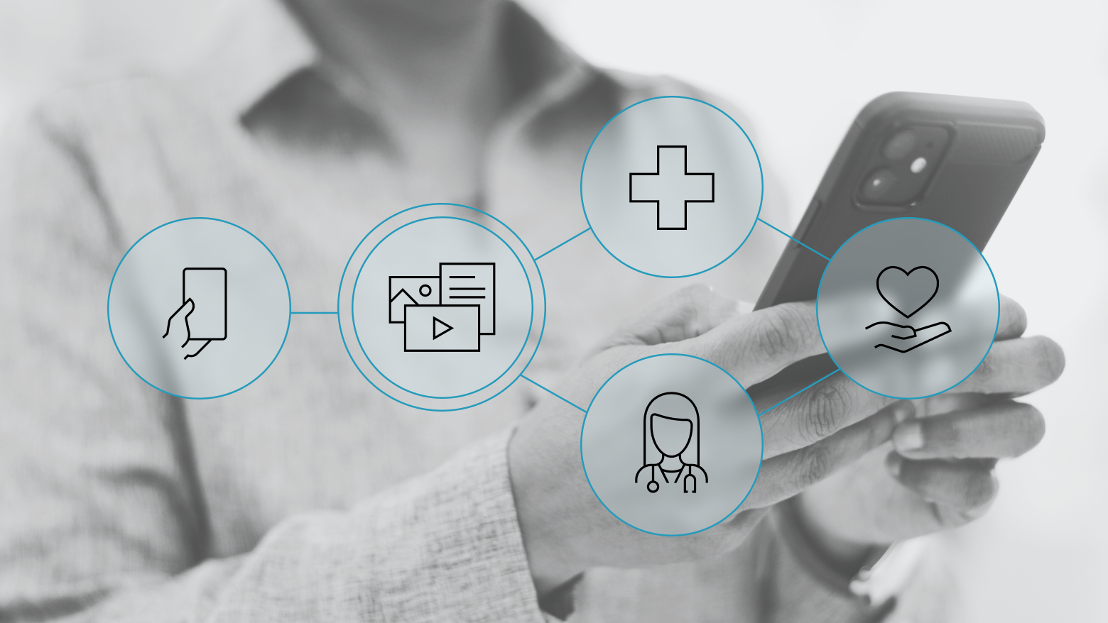 Person using a smartphone with connected icons representing healthcare and digital engagement — including a phone, multimedia content, medical cross, doctor, and hand holding a heart.