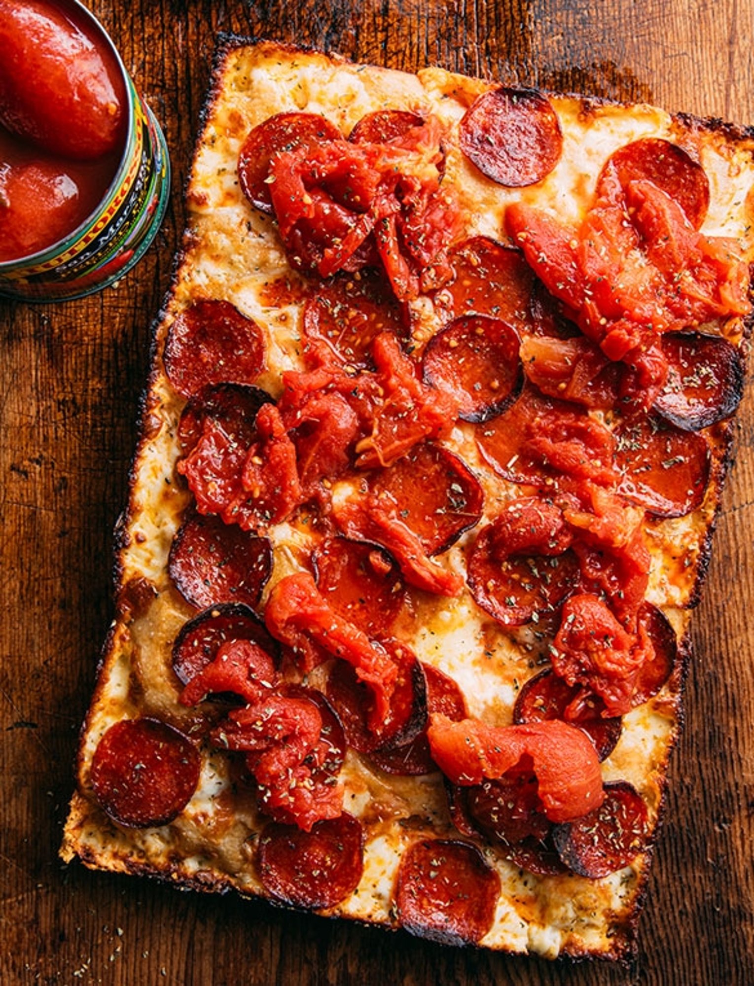 Detroit style with your choice of any 3 toppings and the famous RED STRIPE!