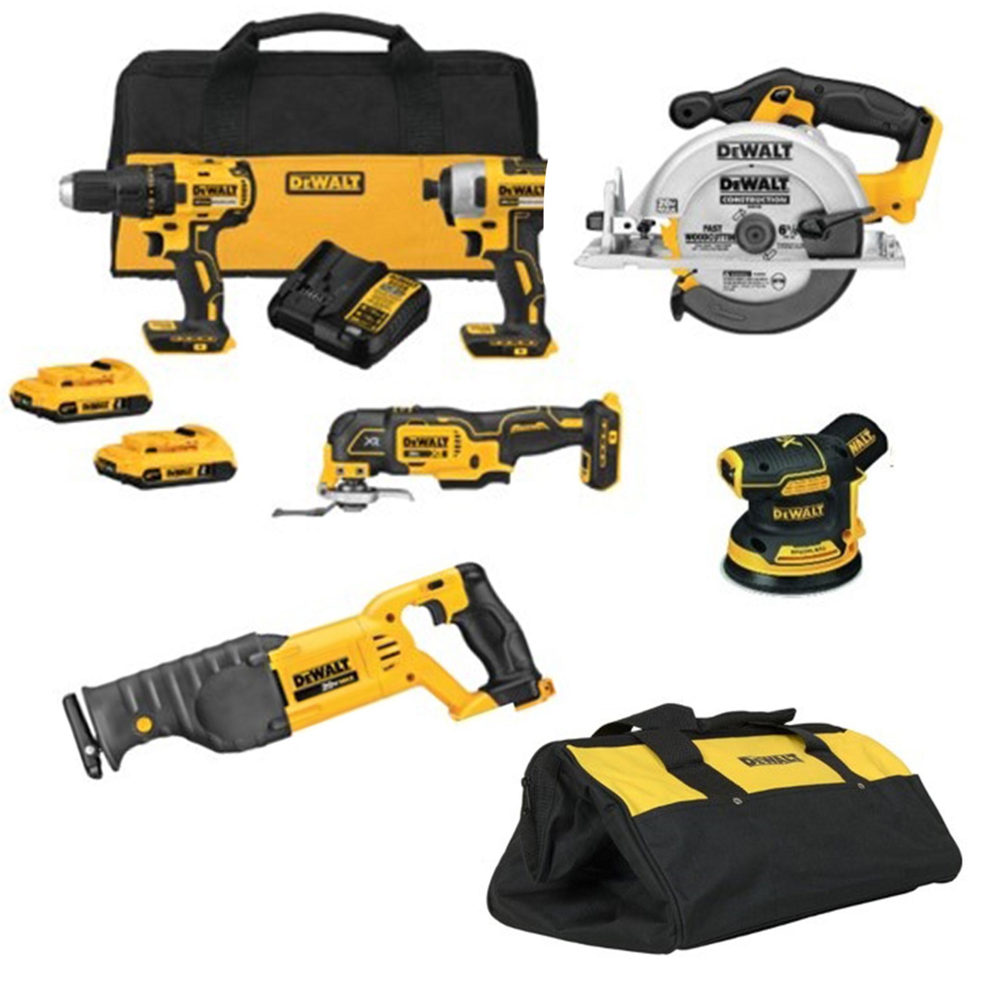 6 - Piece DeWalt Tool Combo Kit, Cordless Drill, Impact Driver, Oscillator, Orbital Sander, Circular