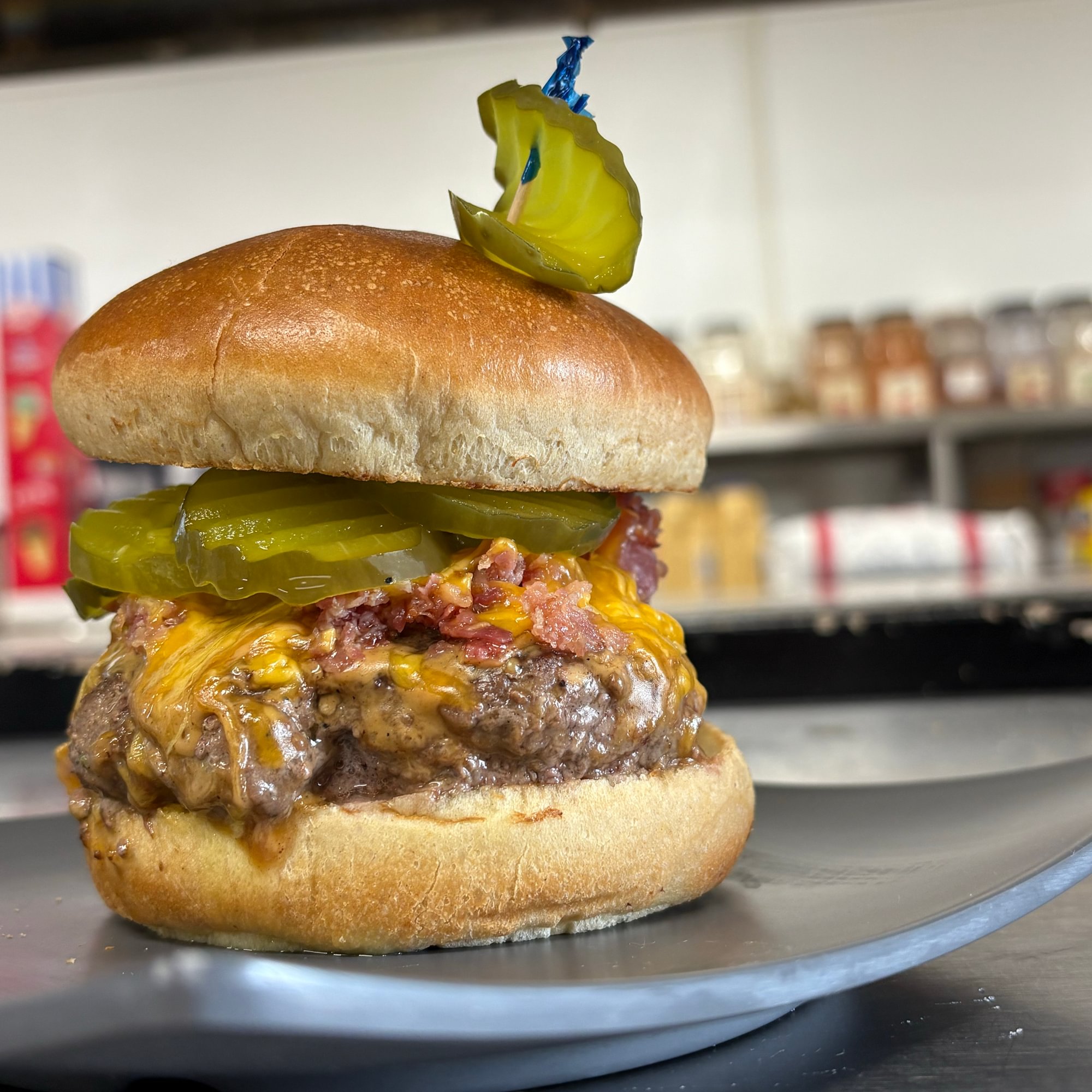 PEANUT-BUTTER BACON CHEDDAR PICKLE BURGER