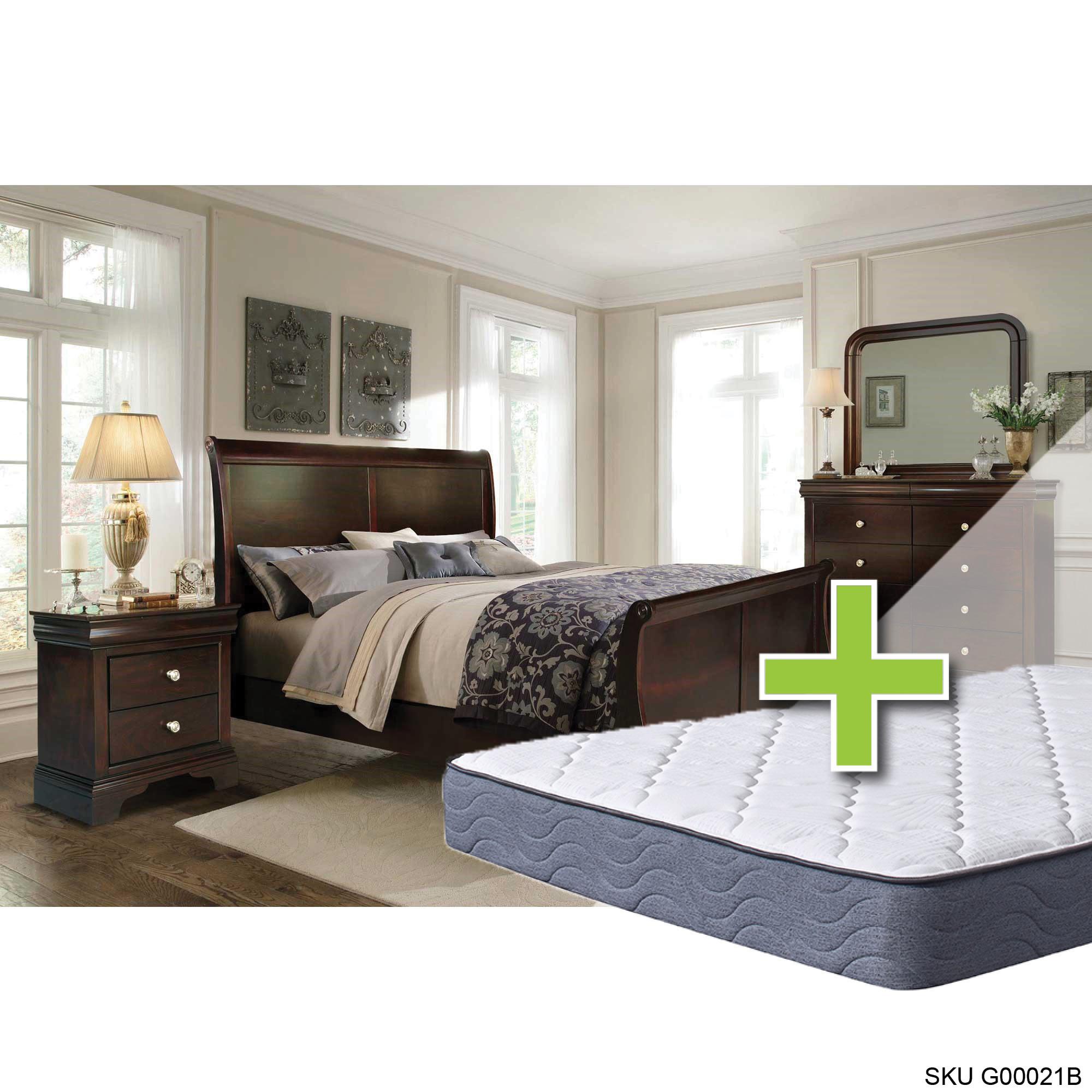 Queen Dominique Bed w/9.5" Tight Top Extra Firm Mattress & Dresser, Mirror, Nightstand