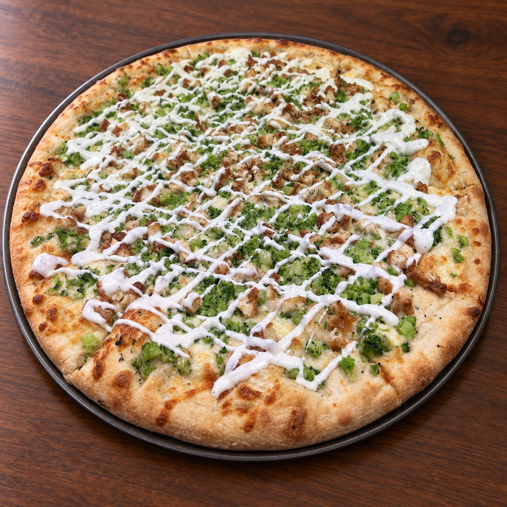 Broccoli chicken ranch pizza