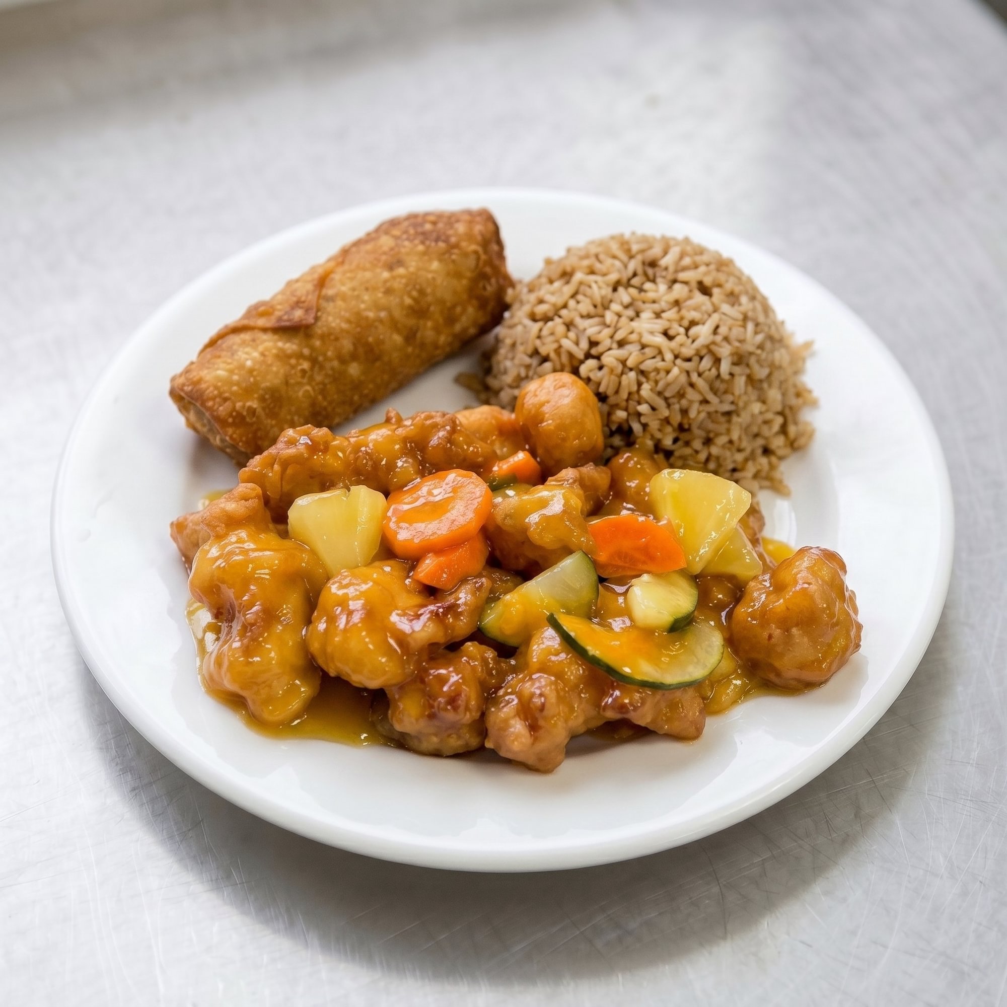 No. 10. Sweet & Sour Chicken Egg Roll & Fried Rice Lunch Only