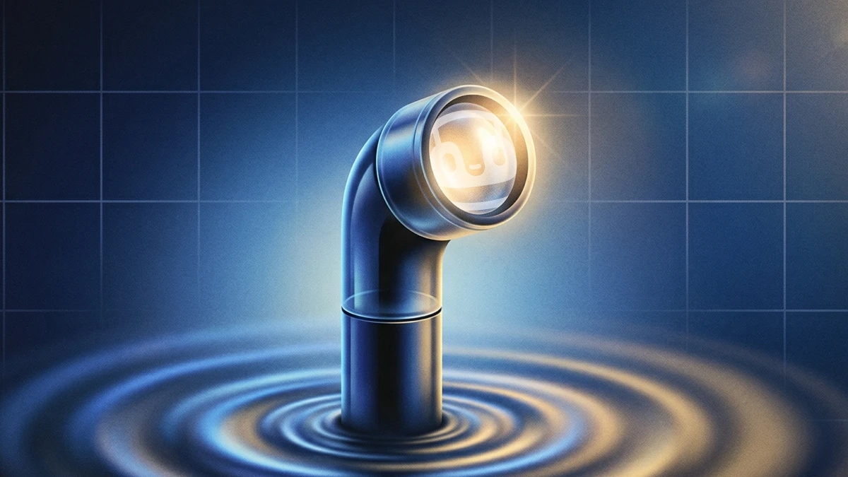 A metallic periscope emerging from a pool of rippling water against a blue tiled background, with a glowing face visible through the lens, emitting a warm golden light. Representative of Yext Scout scoping out local competition.