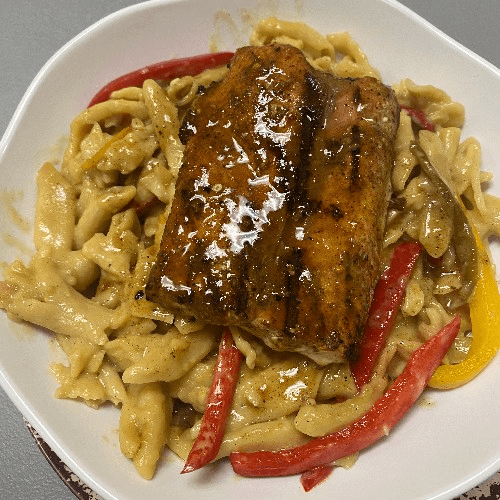 Jerk Rasta Pasta with Pineapple Jerk Salmon