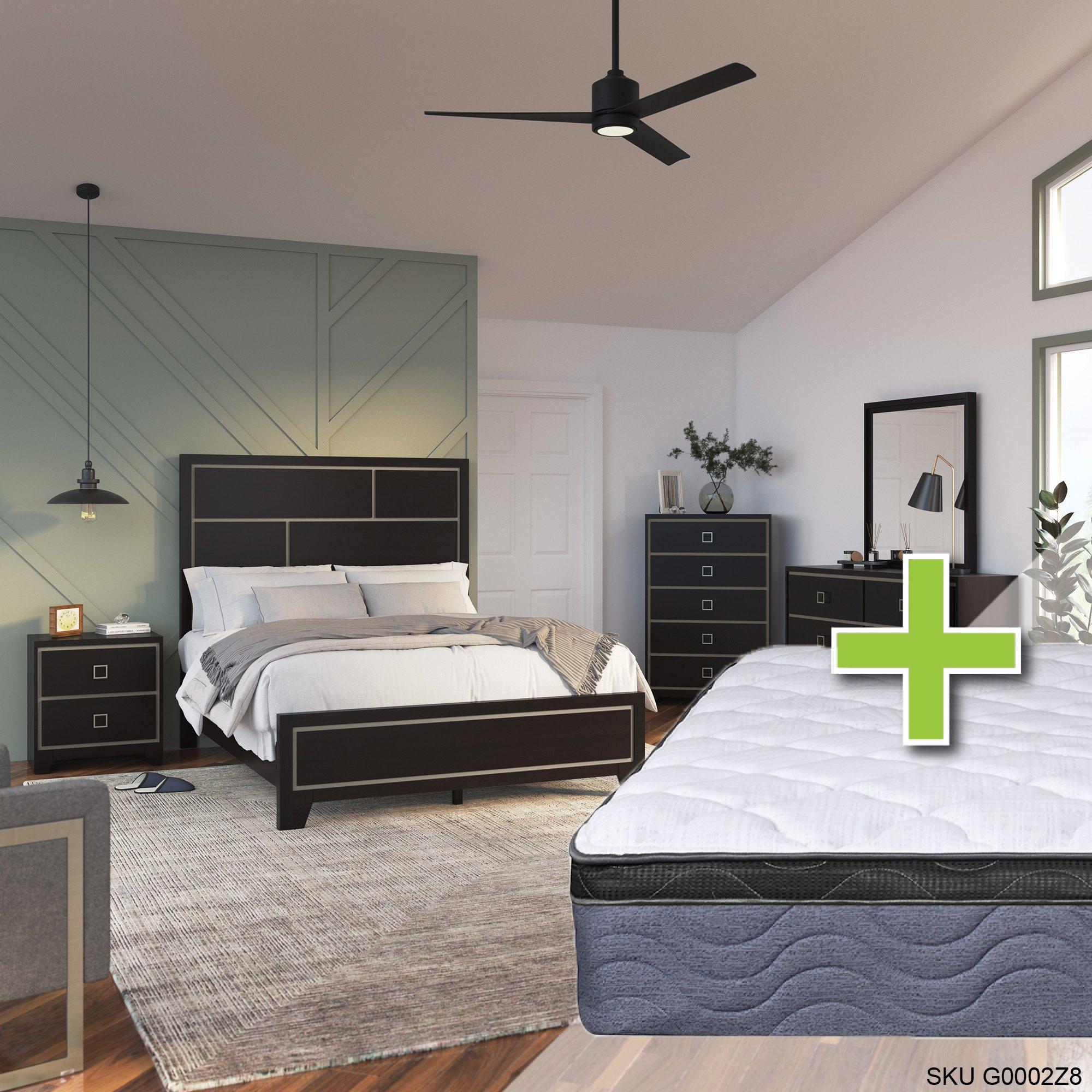 Queen Cindi Bed w/9.5" Tight Top Extra Firm Memory Foam Mattress & Chest, Dresser, Mirror, Nightstan