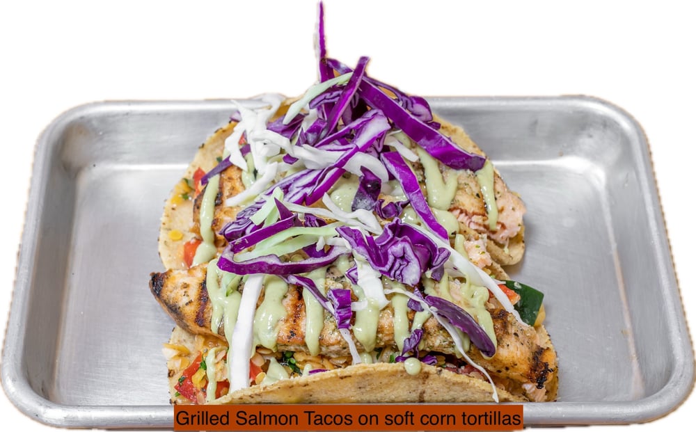 Salmon Asado Tacos, Corn Tortillas, Mexican Brown Rice, Black Beans, Avocado Hummus, Pico de Gallo