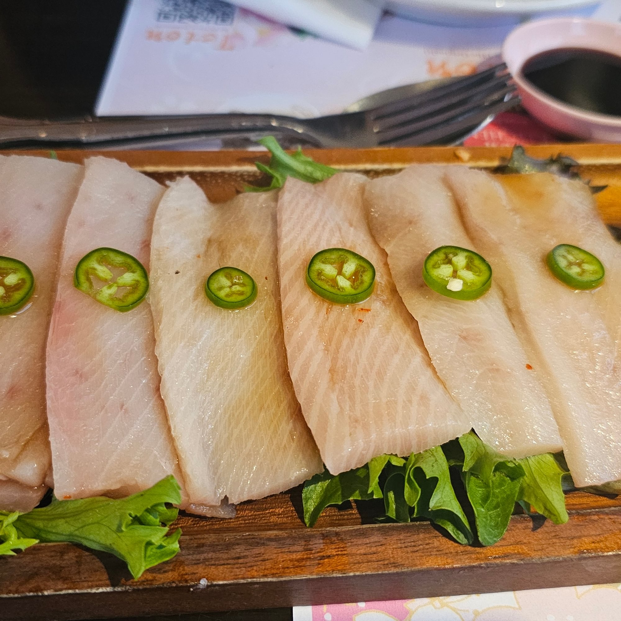 'Hamachi Jalapeño (8 Slices of Yellowtail with Pesto Soy Sauce) '