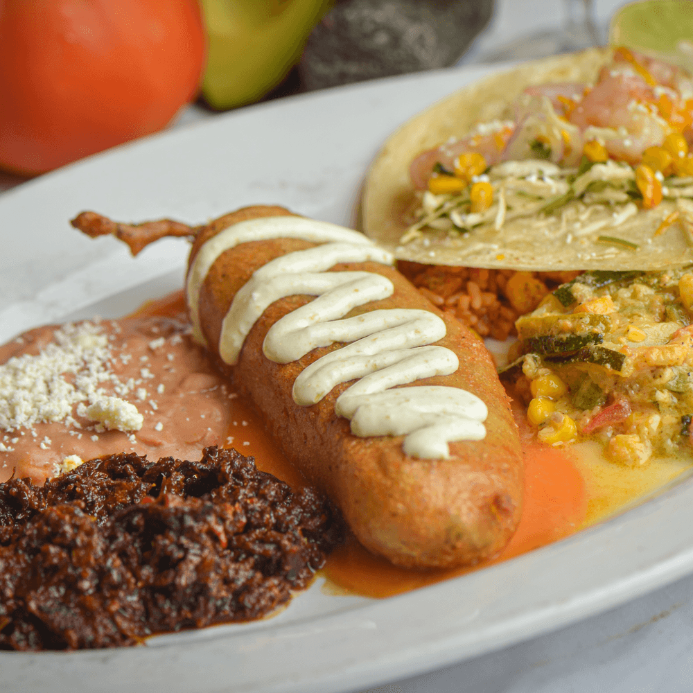 #1 Cheese Chile Relleno, Chili con Carne Roja, Garlic Shrimp Taco