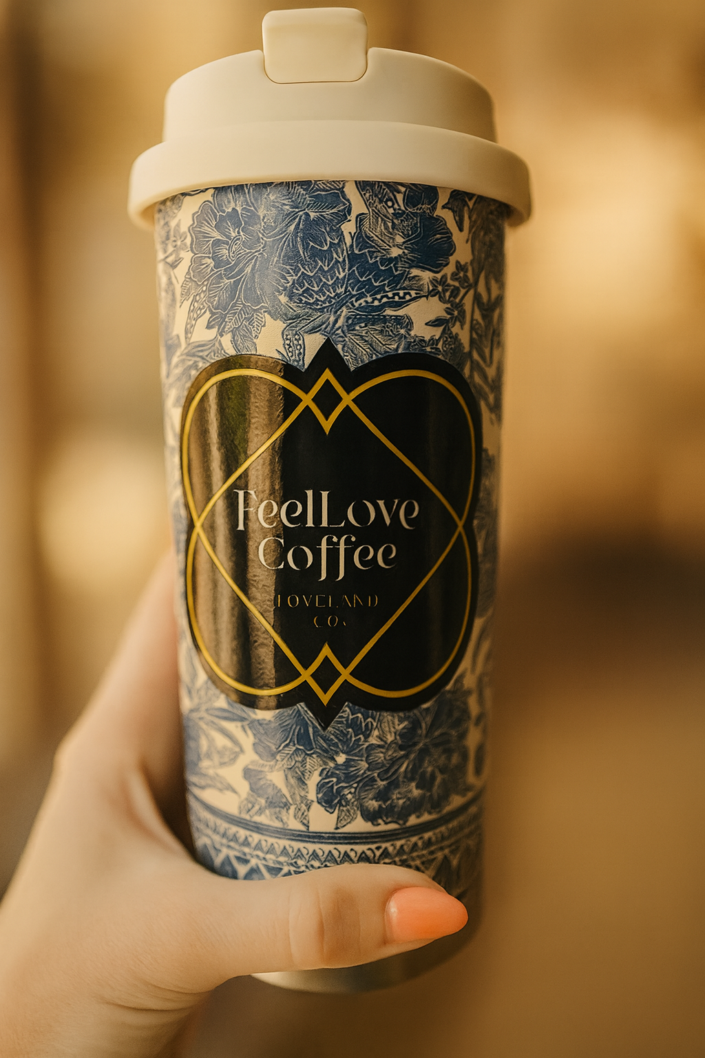 Floral Travler Mug - Blue and Tan