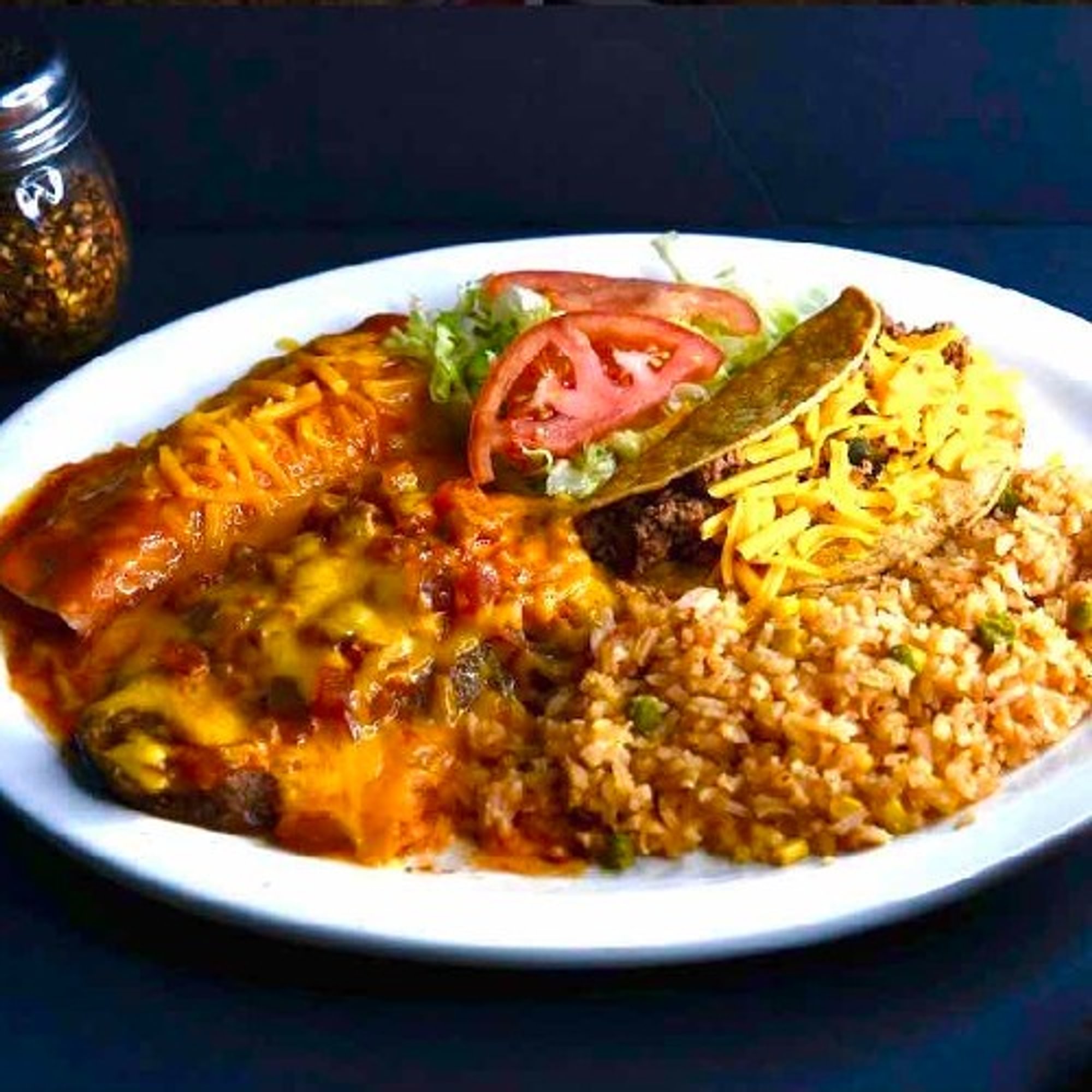 33. 1 Crispy Beef Taco, 1 Enchilada, 1 Chile Relleno and Spanish Rice