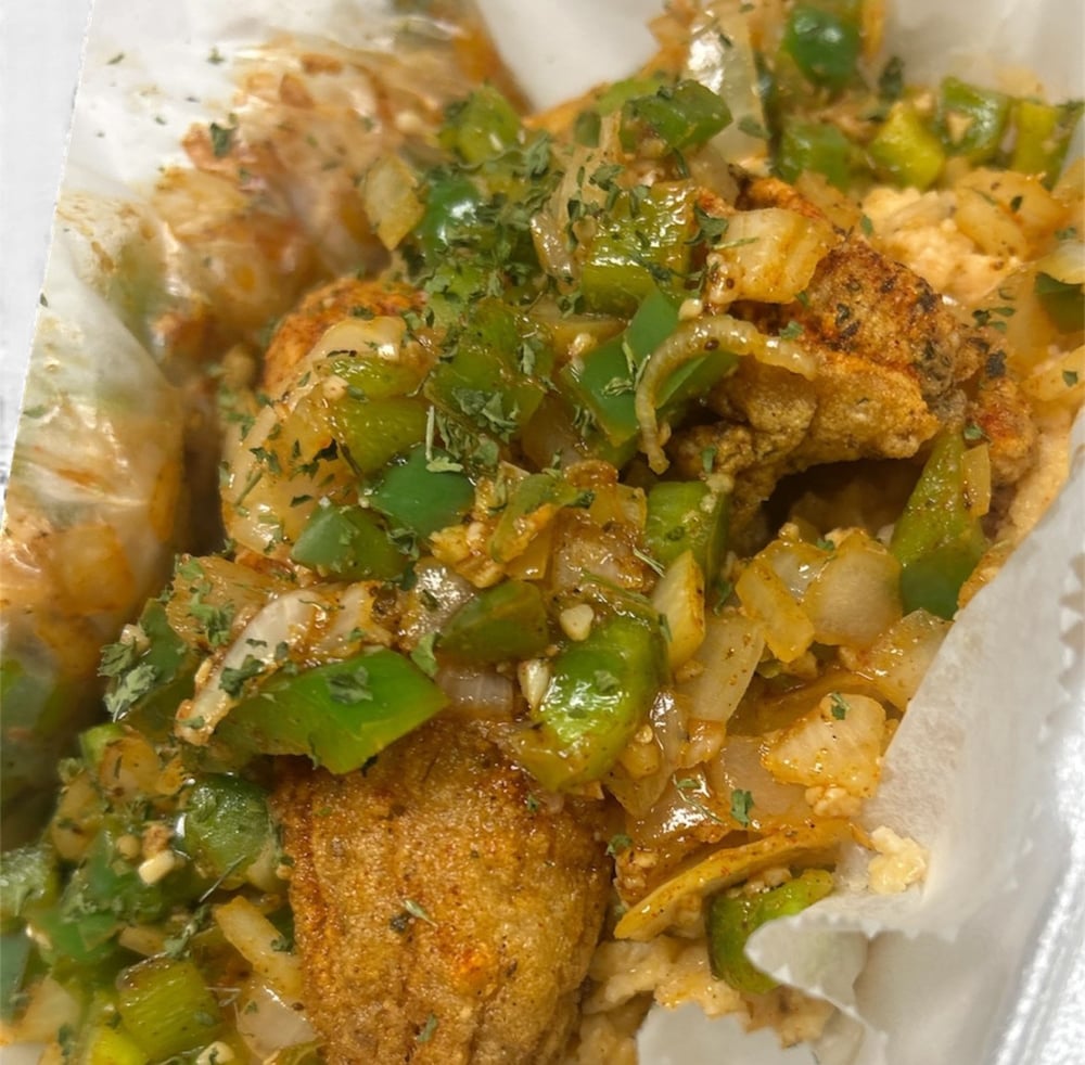 Catfish (Cheesy Grits) w/Grilled Onions & Peppers w/Marinade Sauce