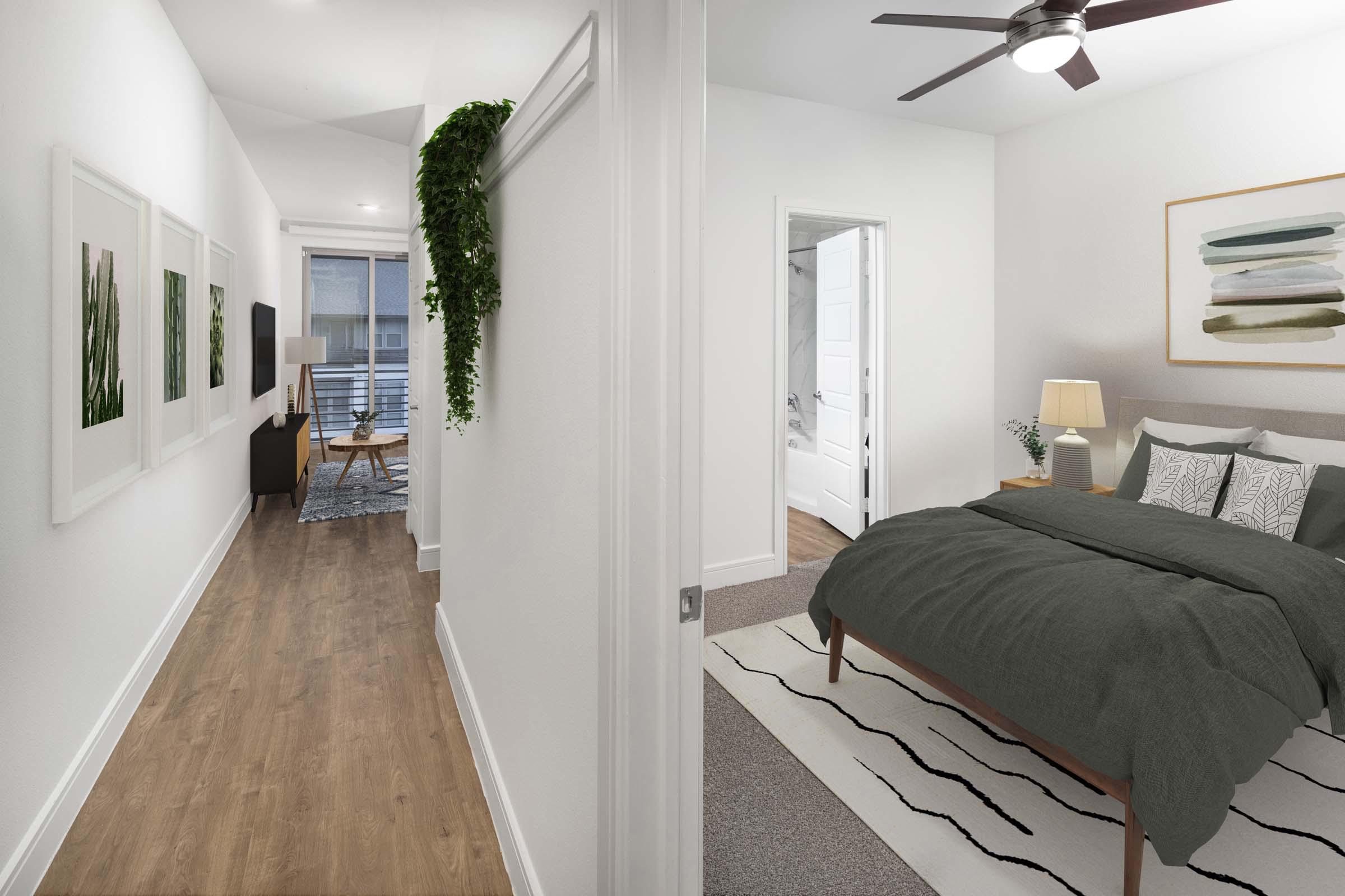 Villas studio bedroom and front hallway at Camden Greenville