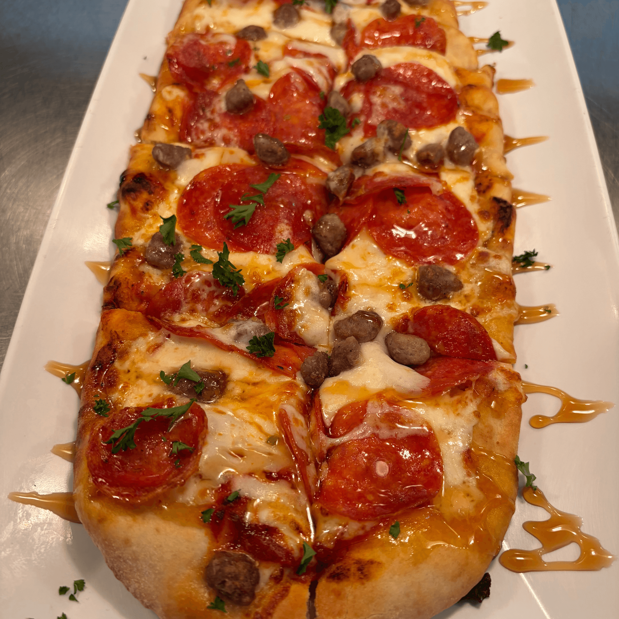 Hot Honey Pepperoni and Sausage Flatbread Pizza
