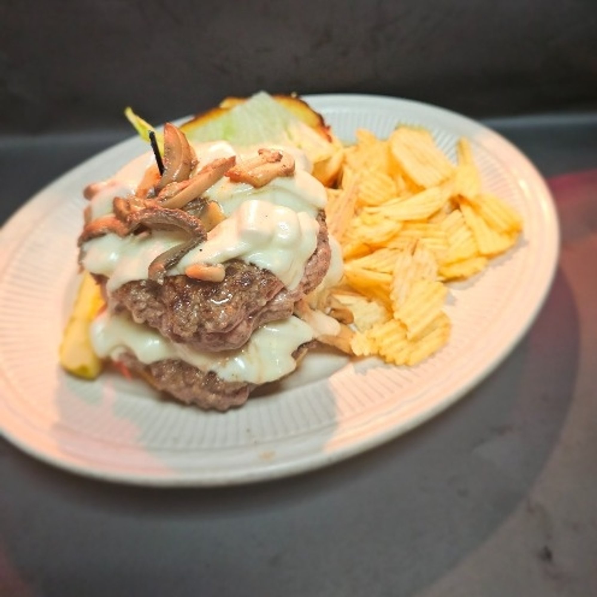 I/O Mush Swiss burger