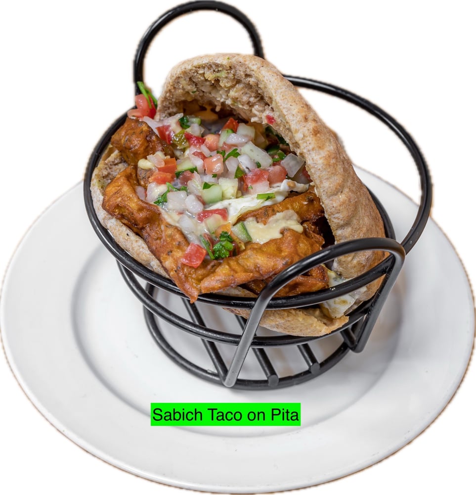 Sabich Fried Eggplant, Fried Egg, Tahini, Mango Pickle, Israeli Salad