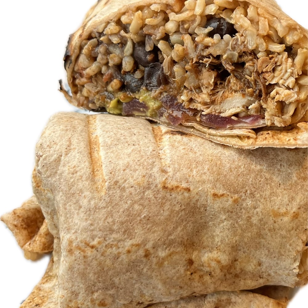 Shredded Chicken Mole Burrito, Pickled Onions, Avocado Hummus, Shredded PB Cheese