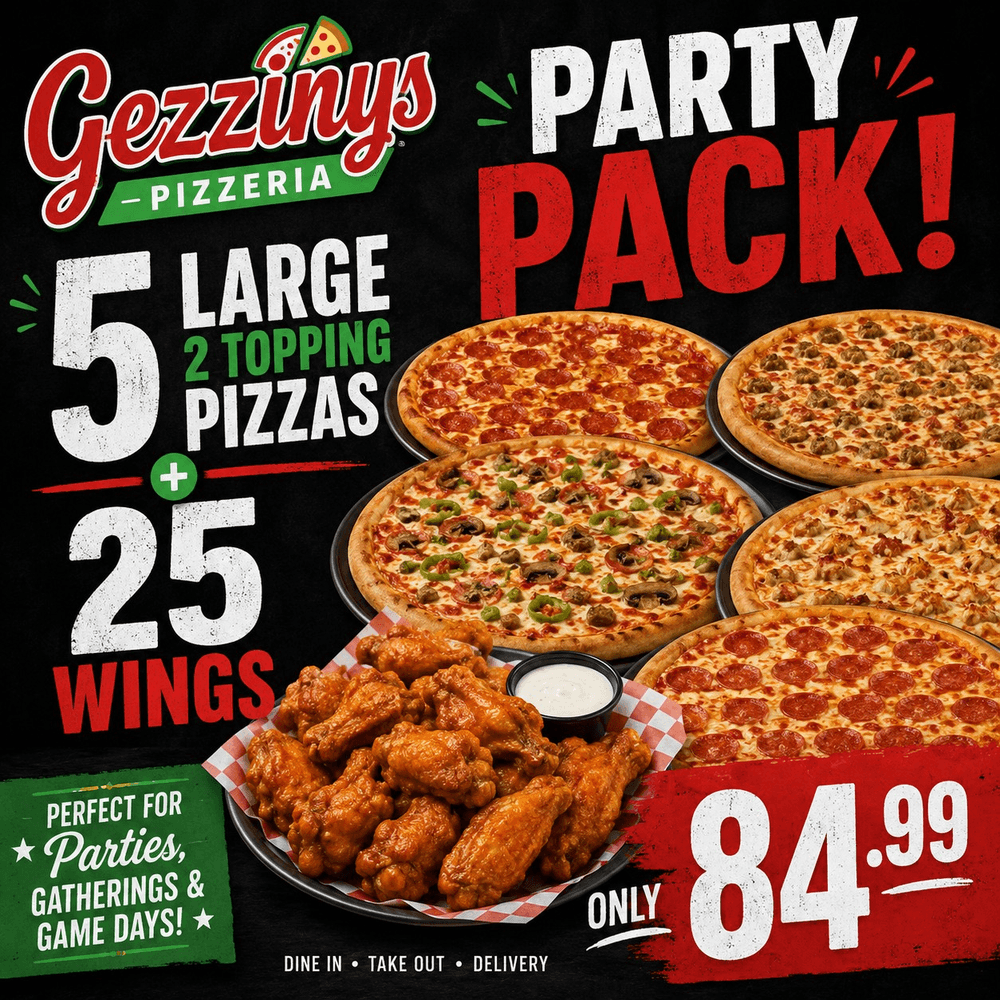 Pizza Party Pack (Get 5 Large Pizzas with 2 Toppings each, 25 piece wings)