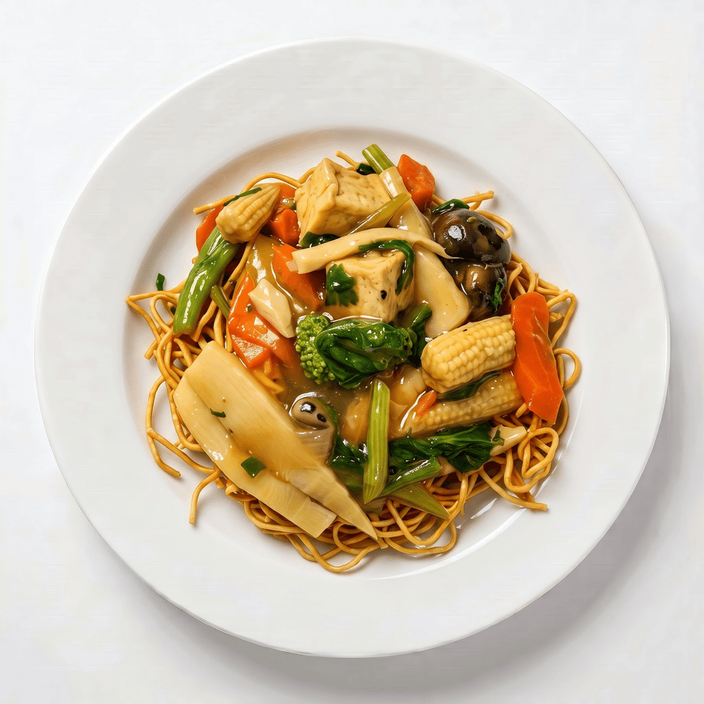 Stir-Fried Tofu & Vegetables on Top of Egg Noodles or Rice Noodles