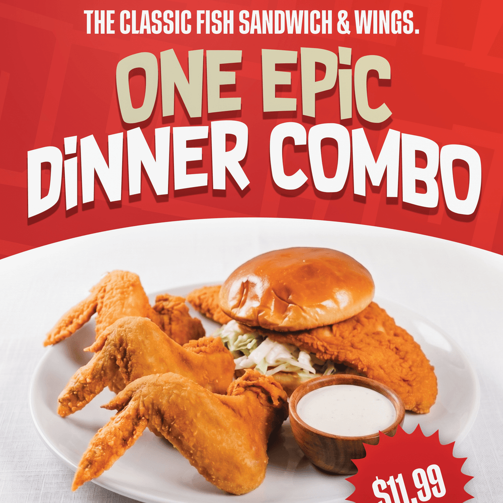 Flounder Fish Sandwich with W 3 whole wings