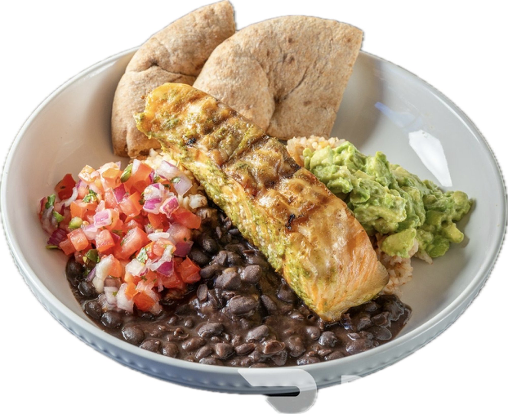 Grilled Salmon Bowl Entree, Black Beans, Avocado Hummus, Pico De Gallo 1/2 Pita