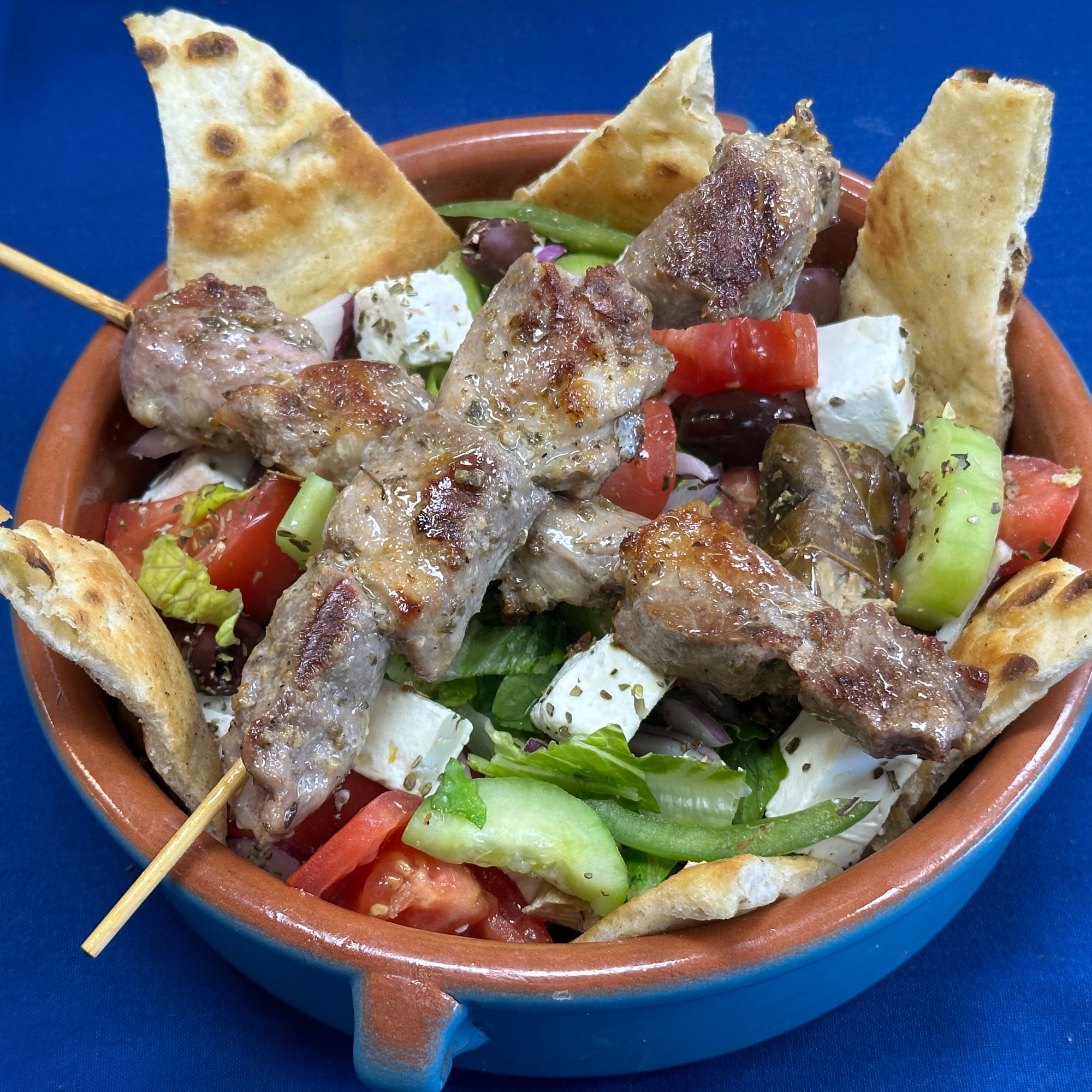 Large Greek Salad With 2 Pork Skewers
