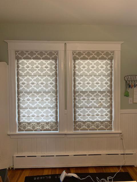 Roman shades come in a variety of styles including geometric shown here