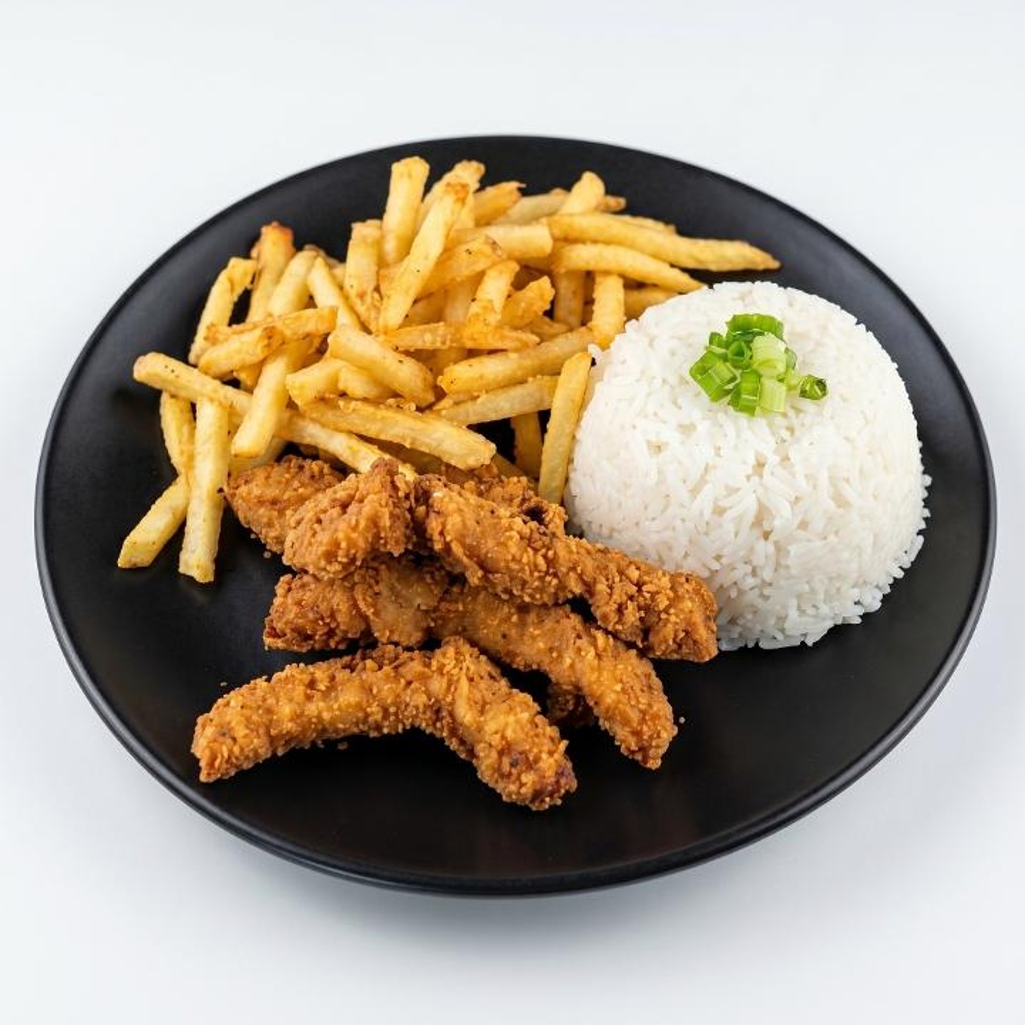 BREADED CHICKEN STRIPS FRIES AND WHITE RICE