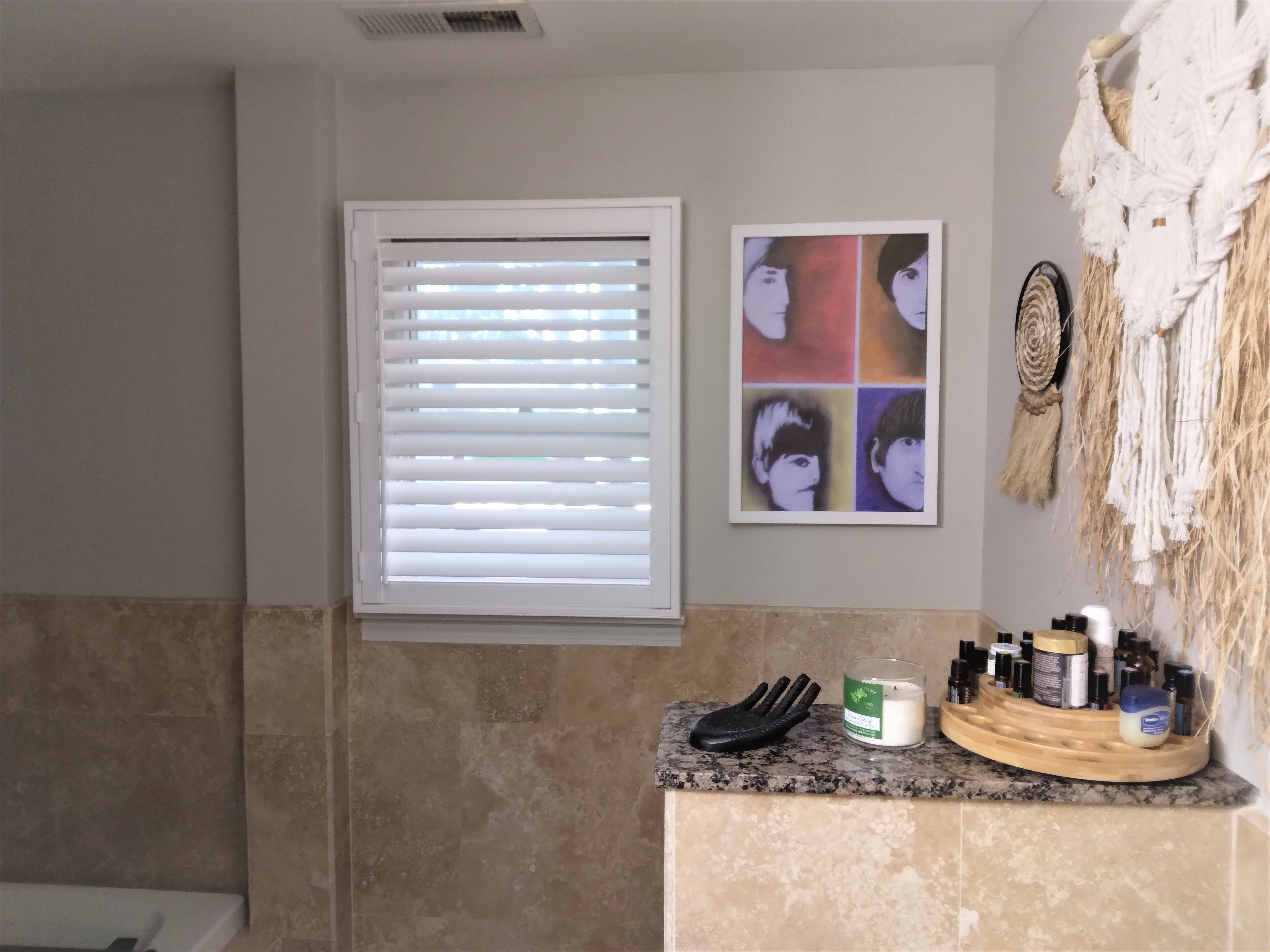 Polyresin shutters are a great window covering choice for a bathroom. They are water and moisture proof, and easy to clean.  BudgetBlinds  WindowCoverings  Shutters  SpringfieldIllinois