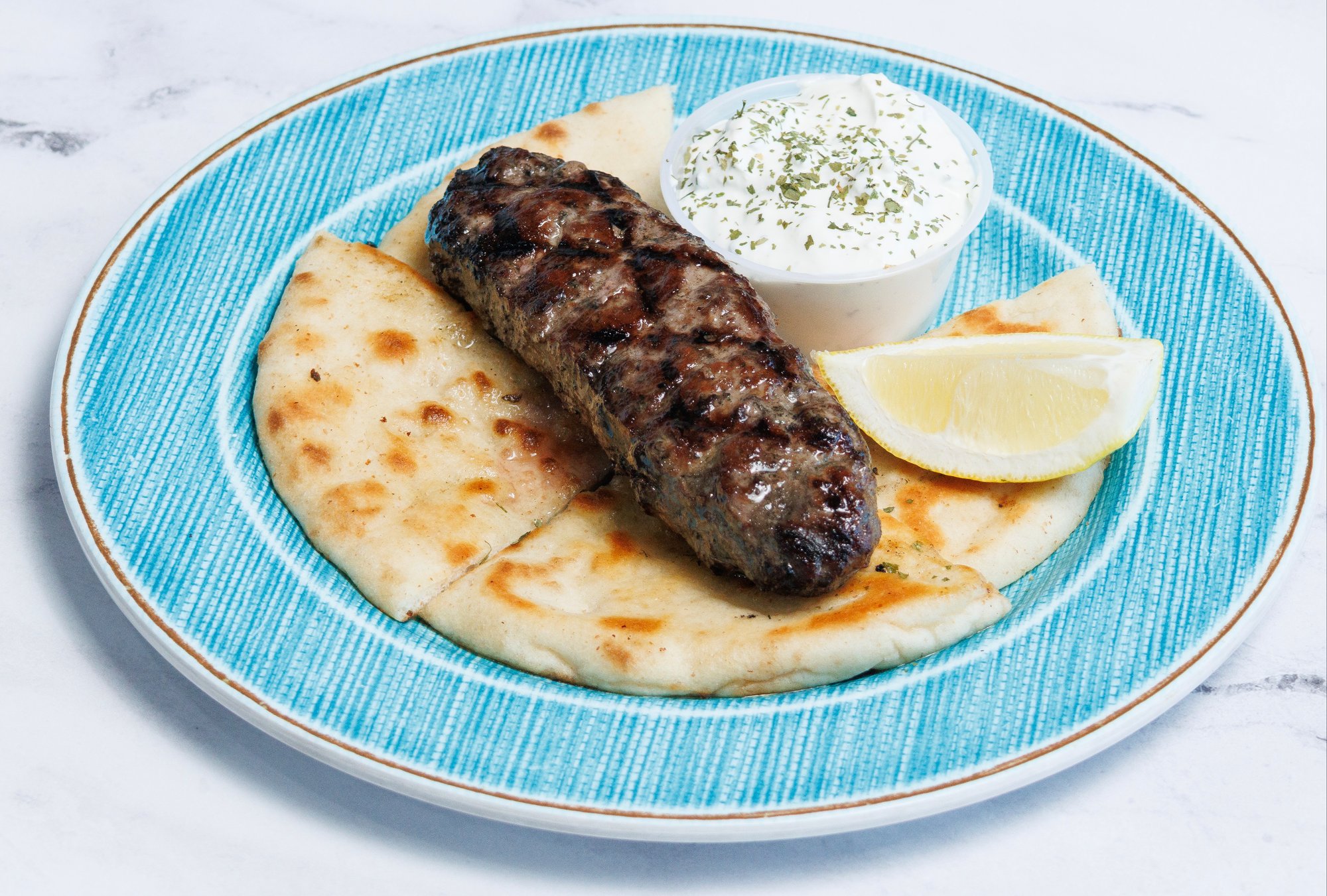(1) BEEF & LAMB KABAB OLD FASHION W/ PITA & TZATZIKI