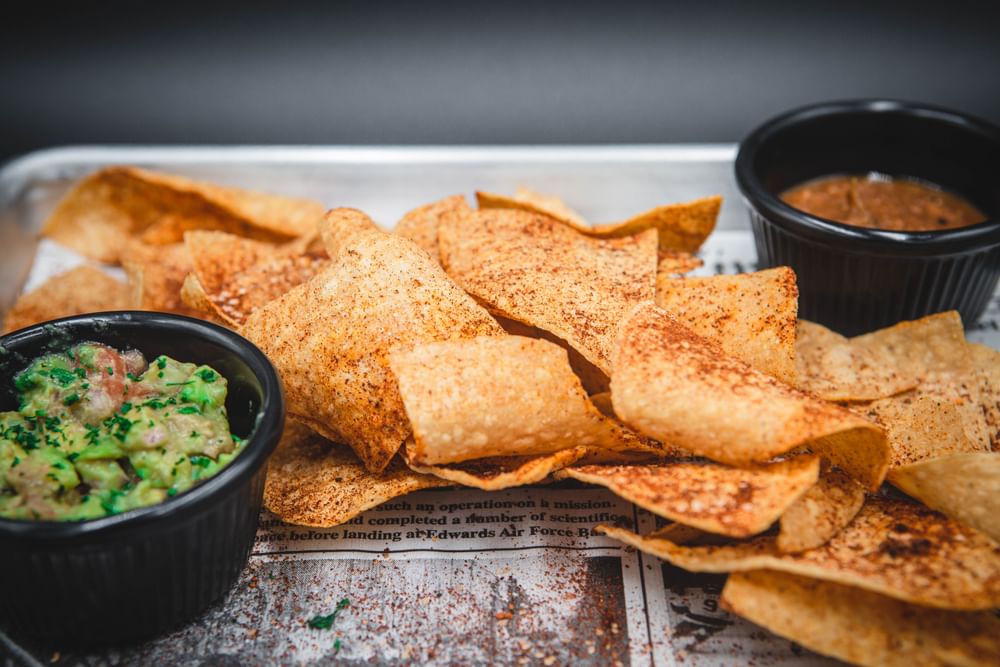 Chip with Queso, Salsa, & Guac