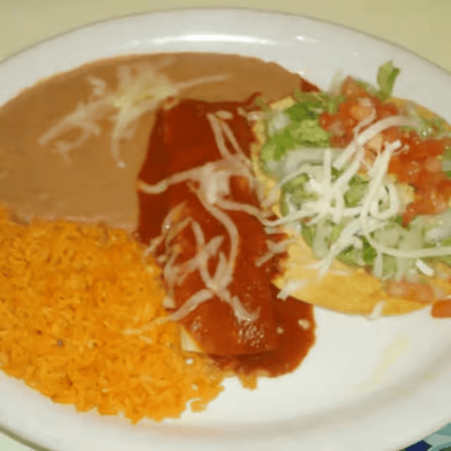 One Guacamole Tostada & One Beef Enchilada