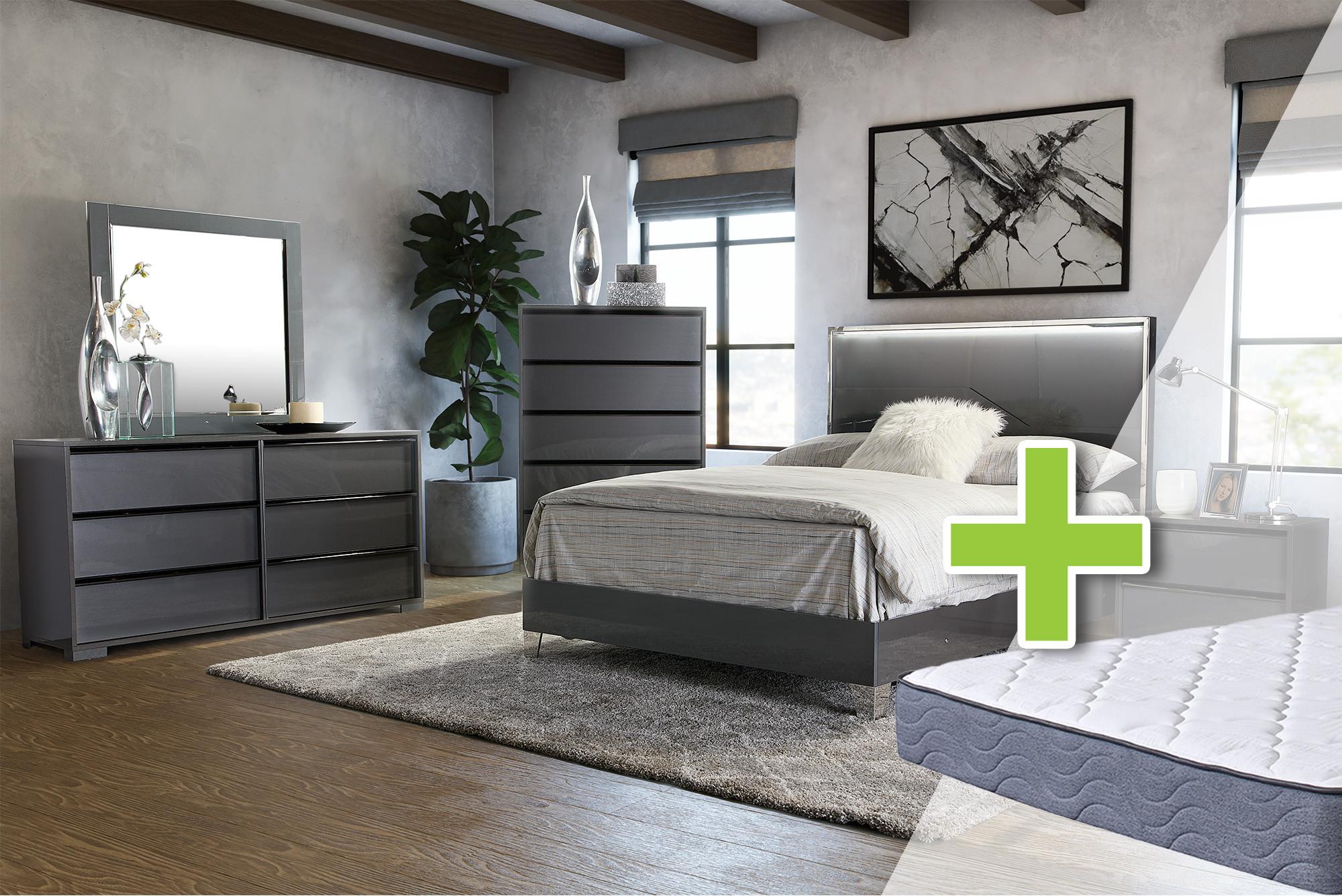 Queen Logica Bed w/Firm Mattress & Dresser, Mirror, Nightstand, Chest