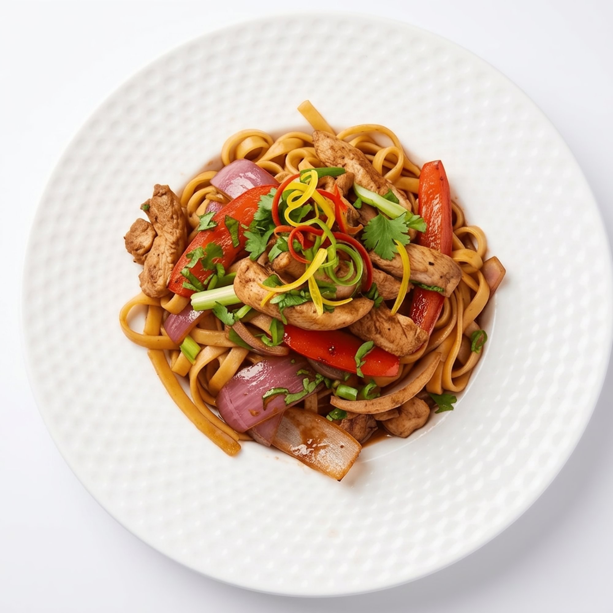 Tallarín Saltado con Pollo [Stir-Fried Noodles with Chicken]