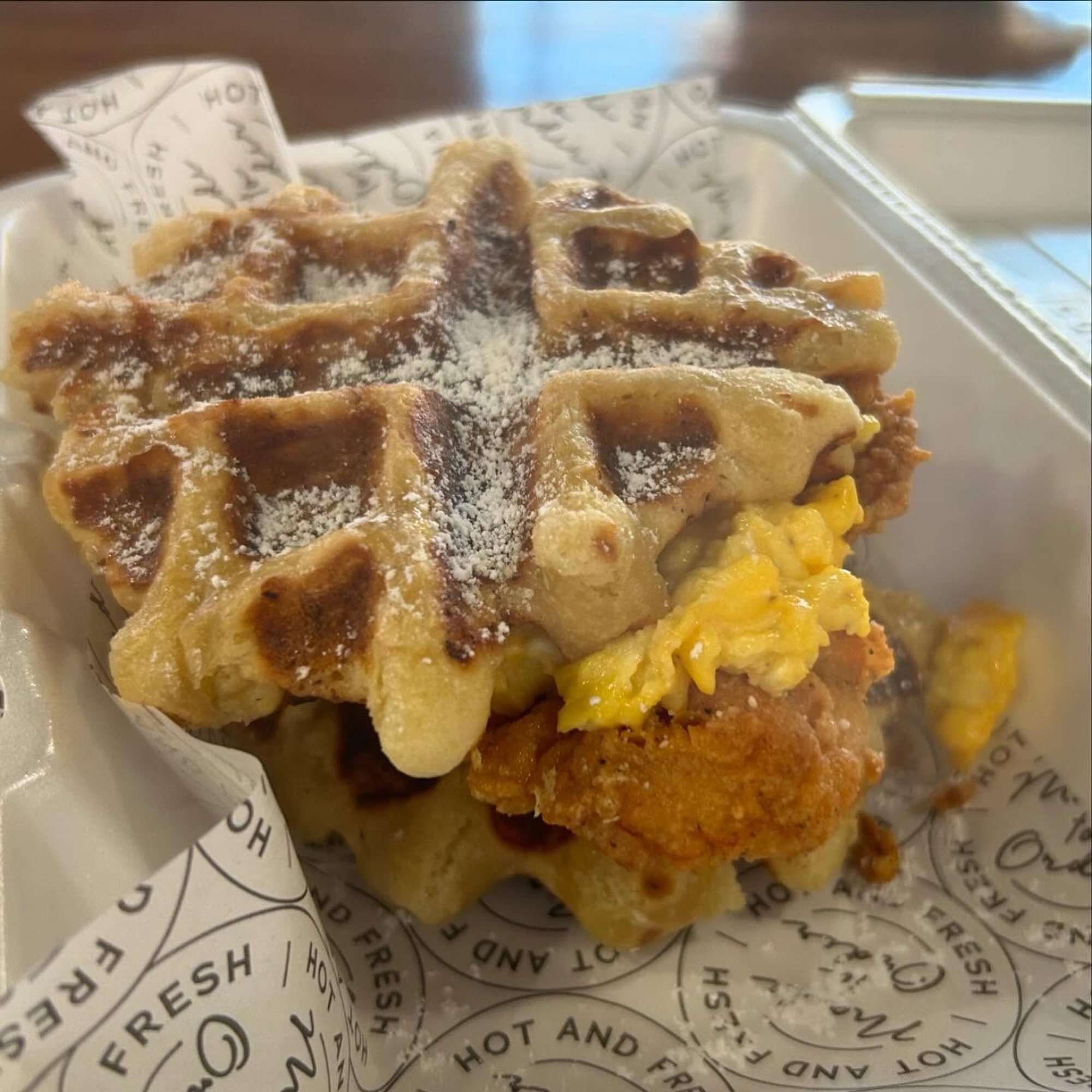 Waffle Sandwich with chicken eggs and cheese