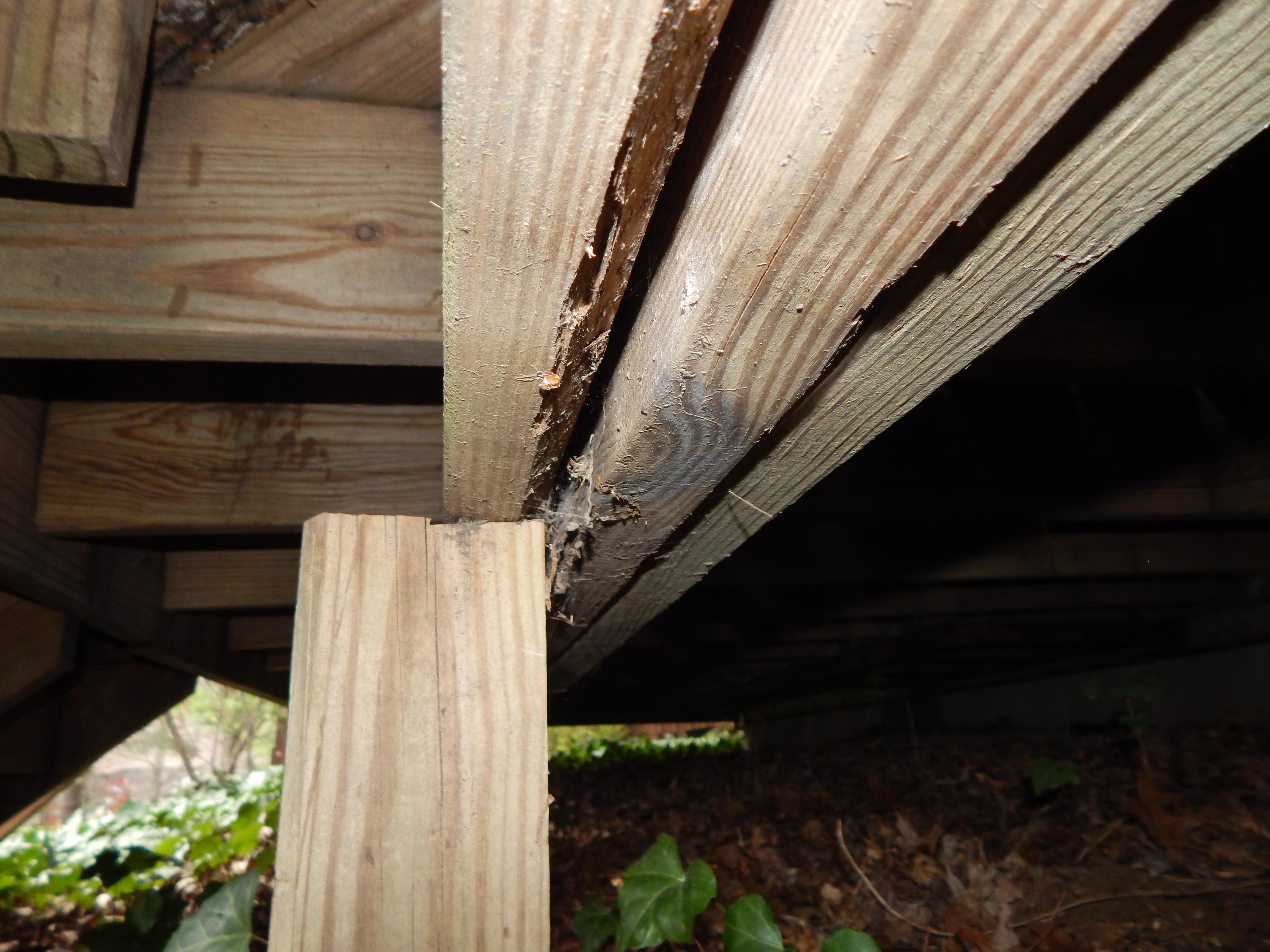 Spring is a great time to have your deck inspected to help point out unsafe conditions that may have formed. In this photo, the girder is no longer resting on the support post.  