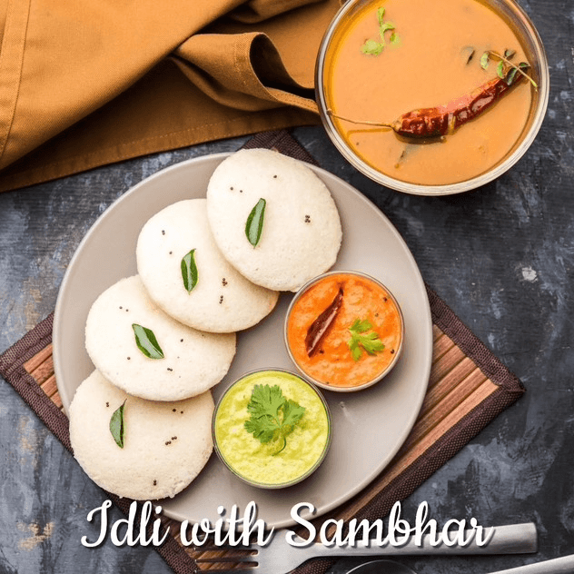 Plain Idli with Sambhar & Chutney (3 Pcs)