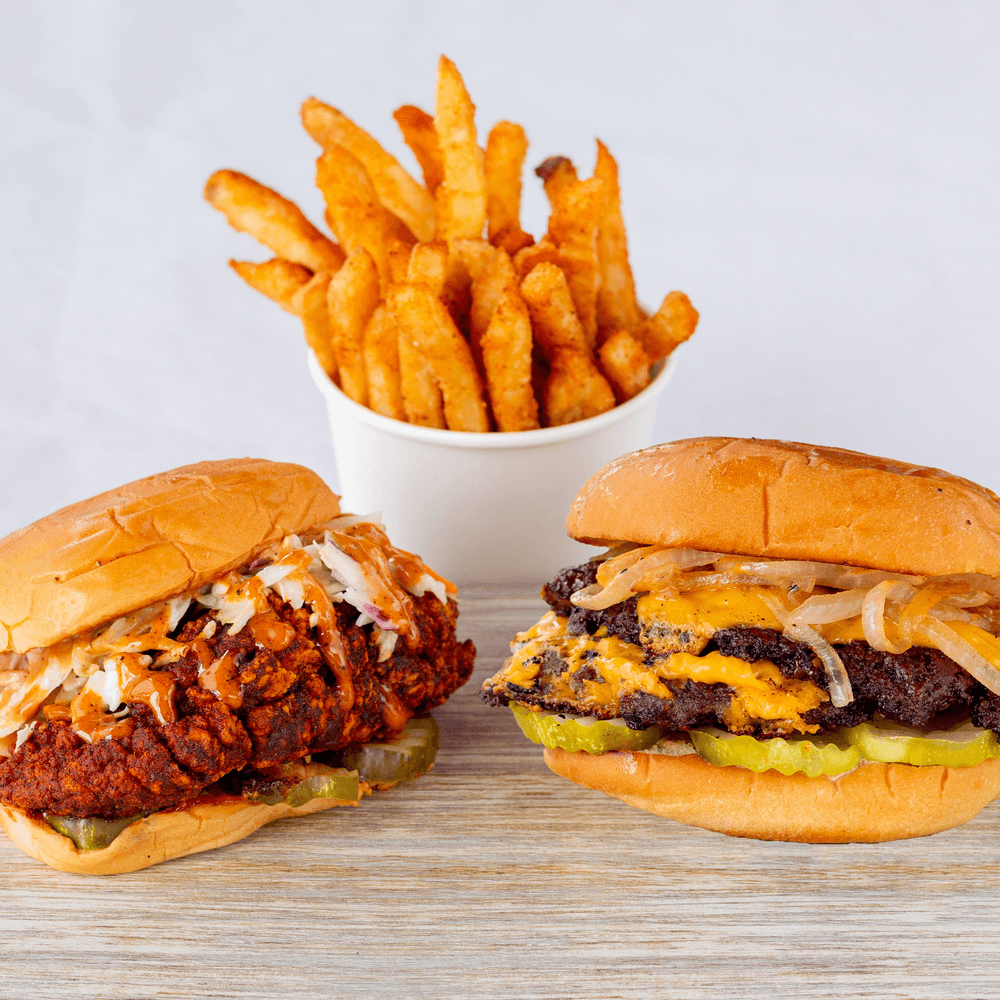 Single wagyu burger, Chicken Sando with fries