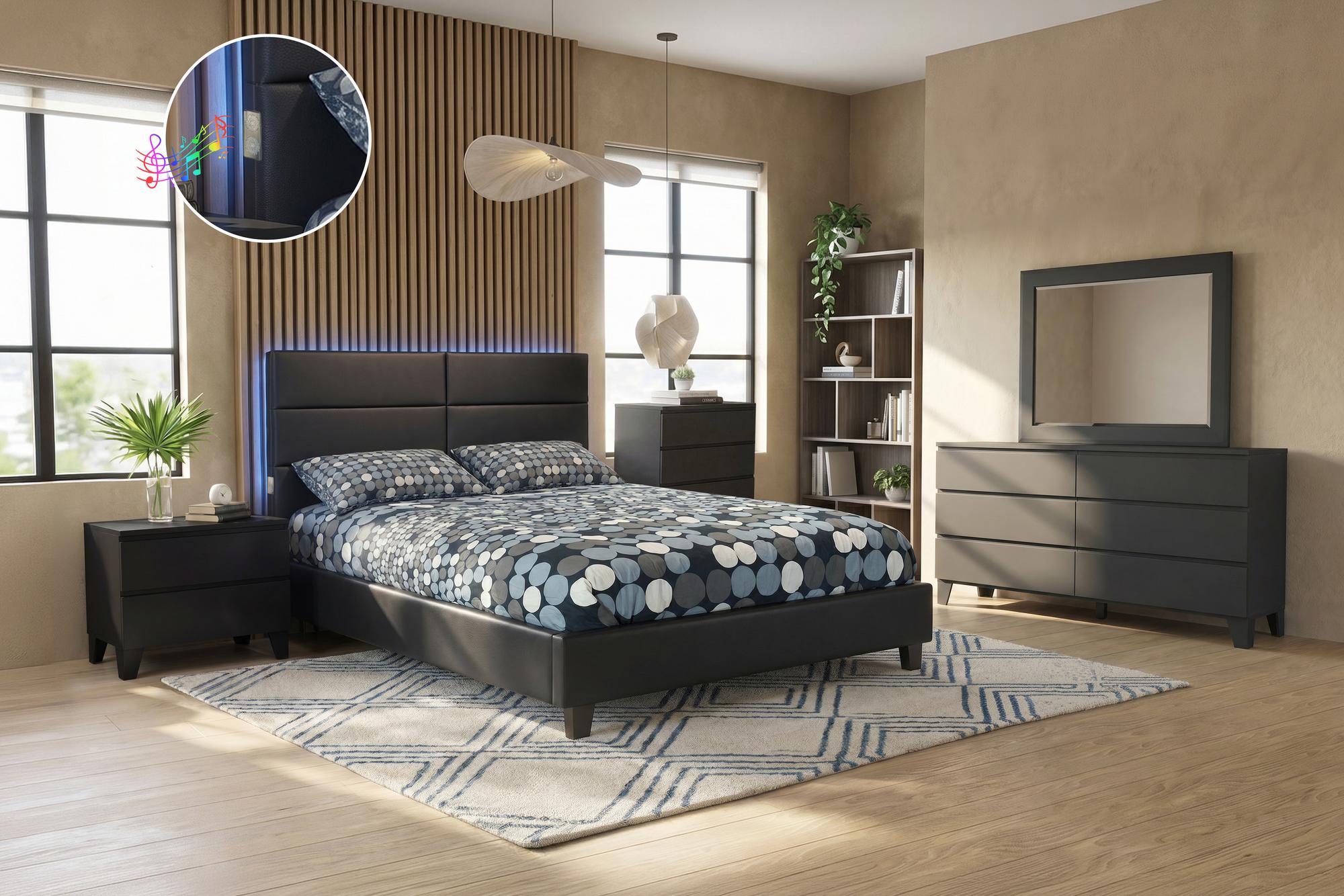 Queen Metrica II Bed w/Chest, Dresser, Mirror, Nightstand