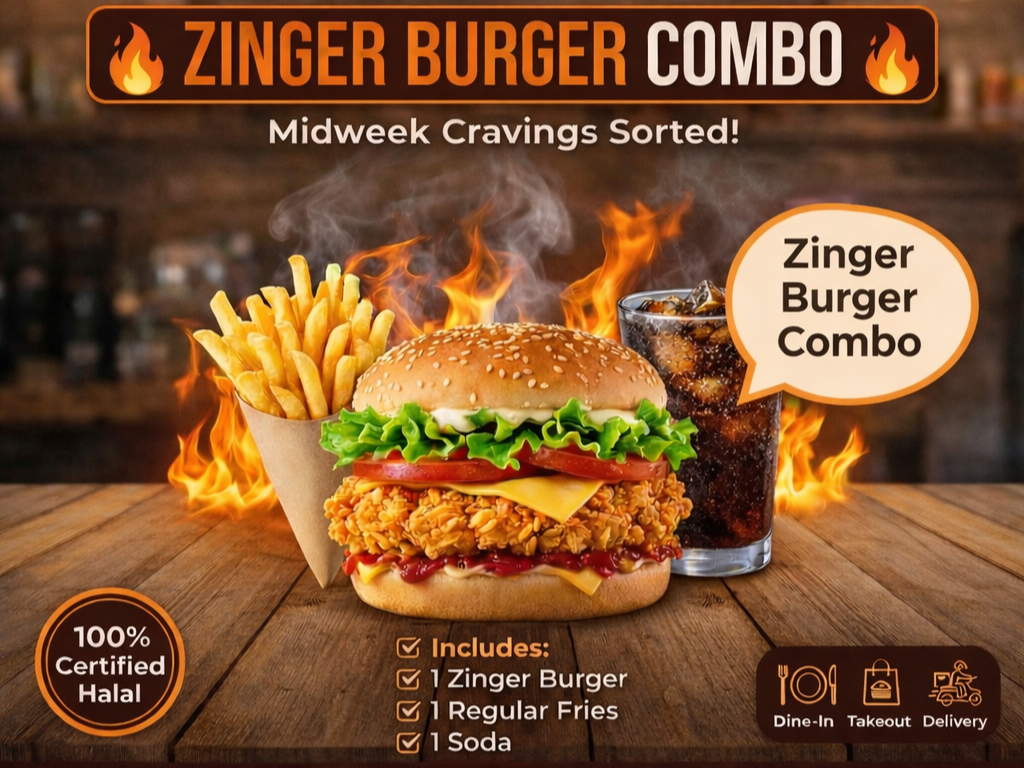 1 Zinger Burger (Chicken), 1 Fries & 1 Soda