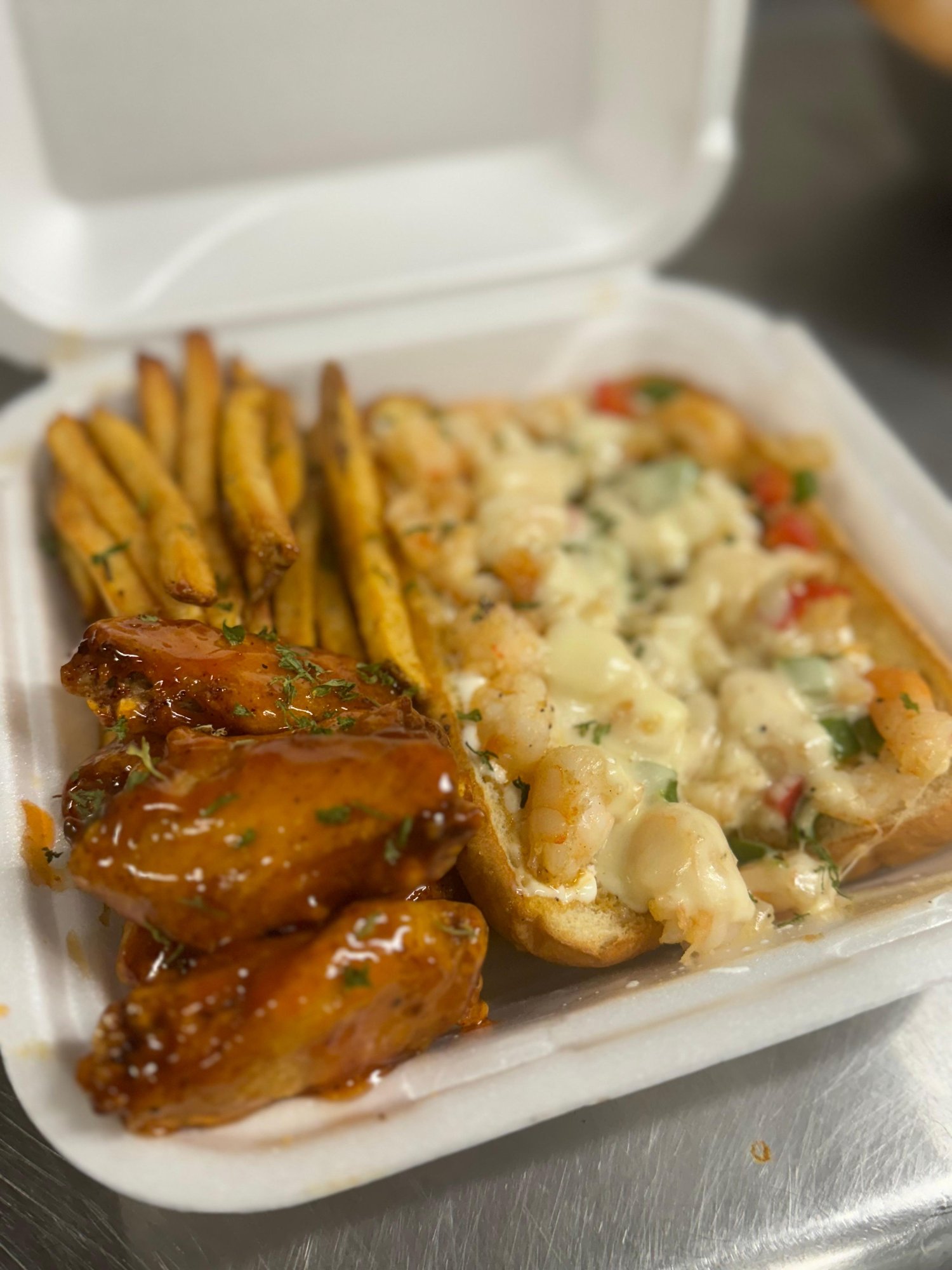 Shrimp Philly, 6 Wing Combo & Fries