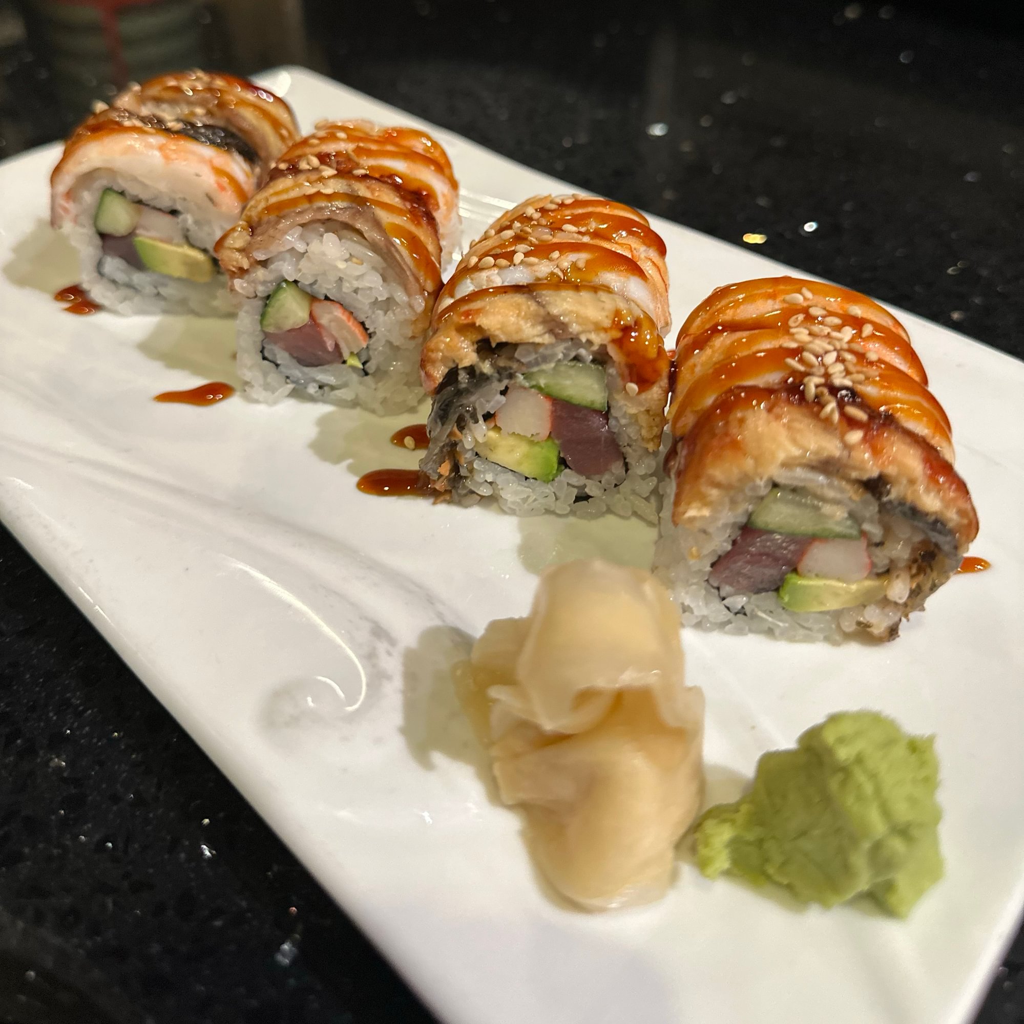 Kirin Roll - Tuna, crab, cucumber (eel, shrimp, avocado on top)