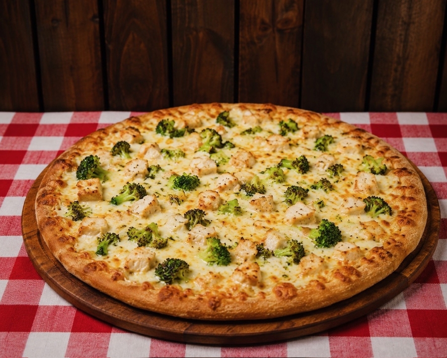 Large Grilled Chicken Broccoli Alfredo Pizza 14 (Greek Style)