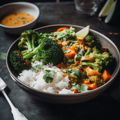 V3. Stir fry Broccoli & Tofu over Rice (Com Tofu Bong Cai Xao)