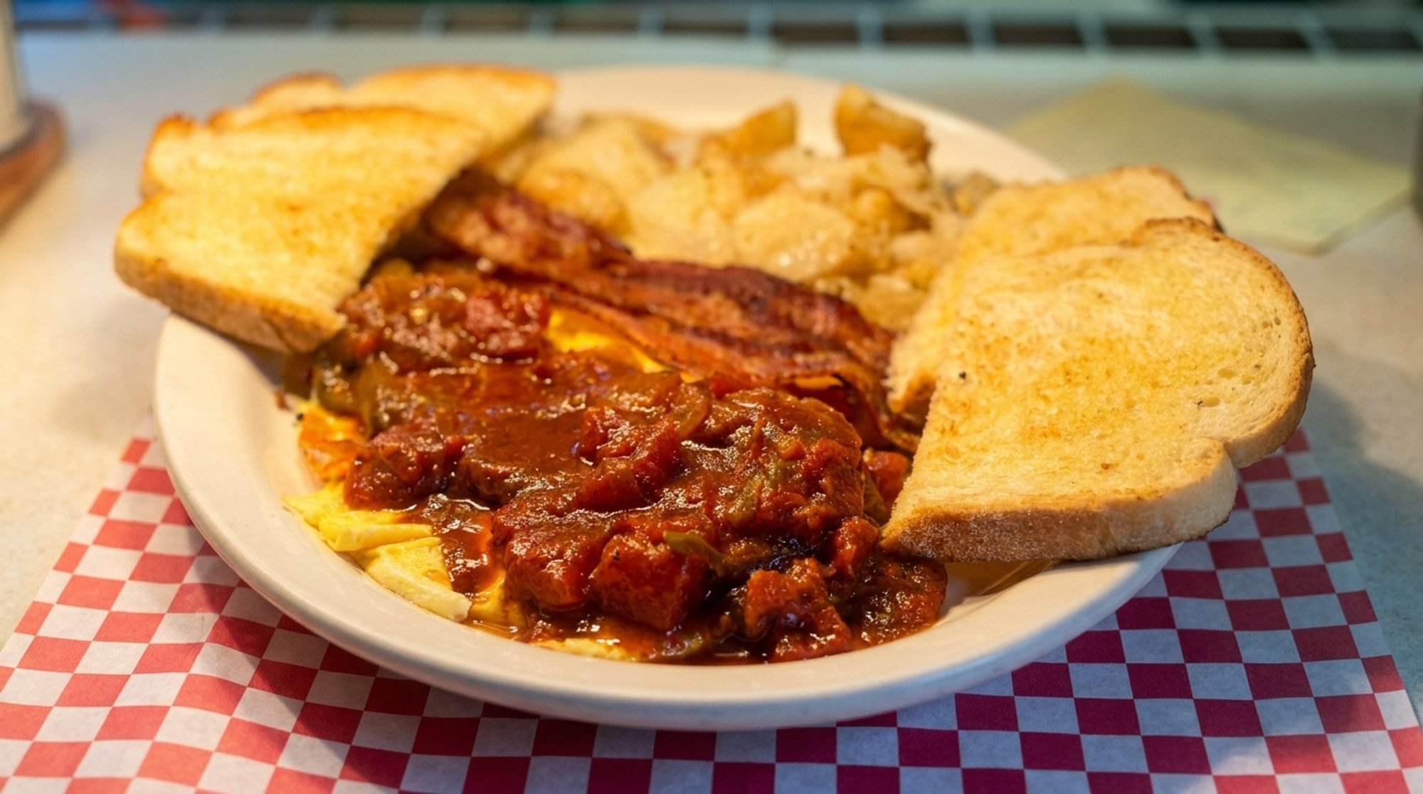 Huevos Rancheros: 2 Eggs w/Ranchero Sauce, Home-fries, Toast & Jelly
