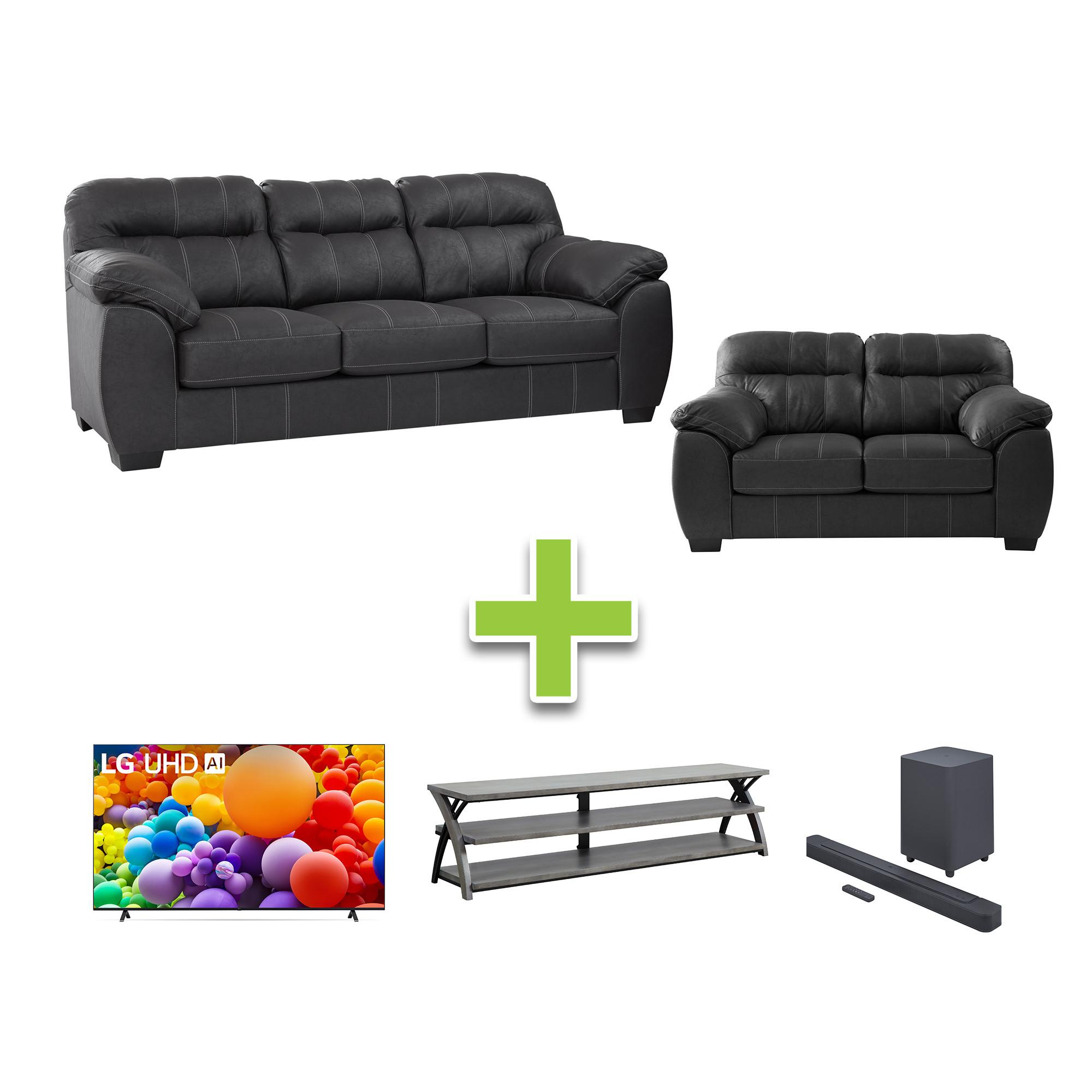Capitan Sofa, Loveseat w/86" TV + TV Stand & Sound Bar