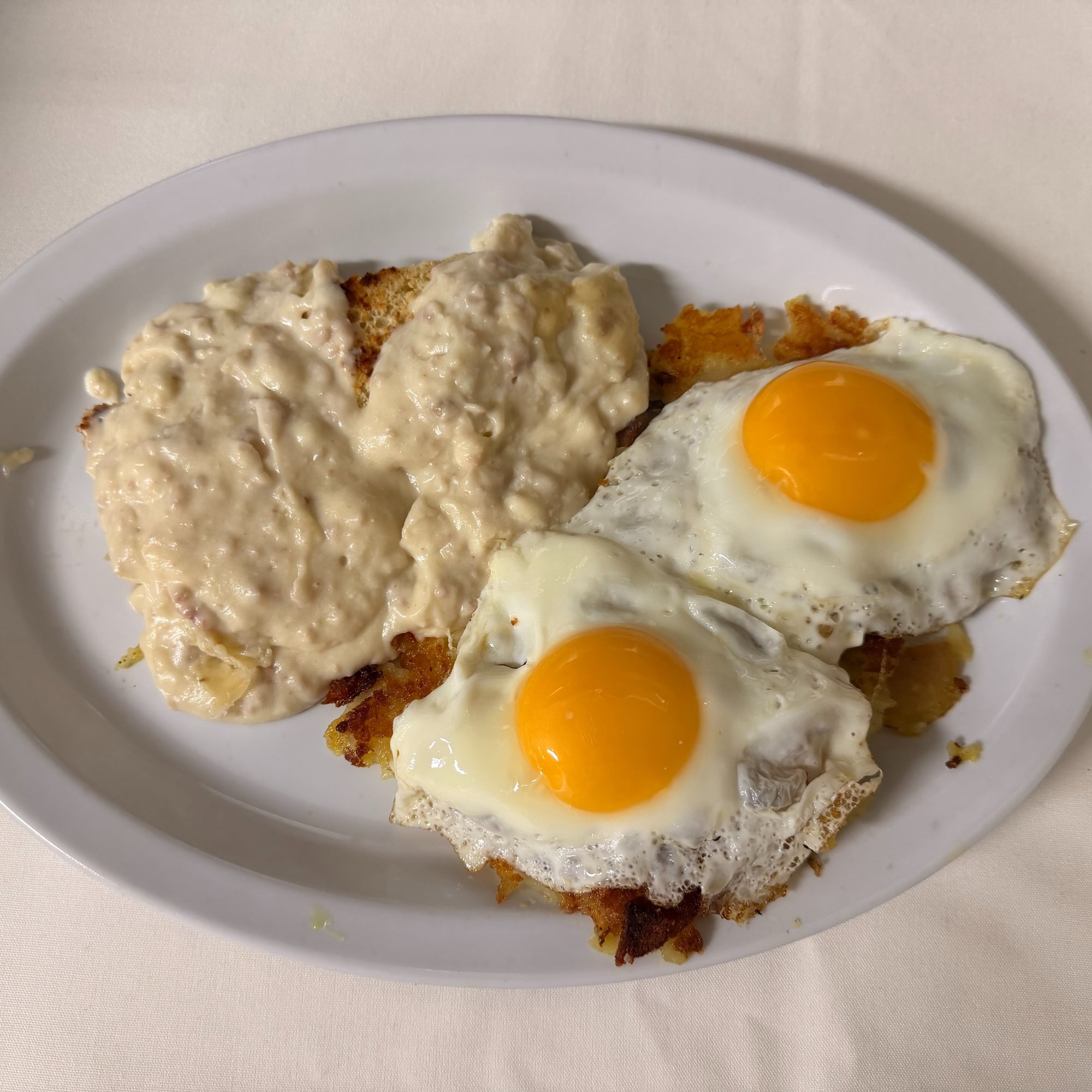 Sausage Gravy Over Biscuits with Two Eggs