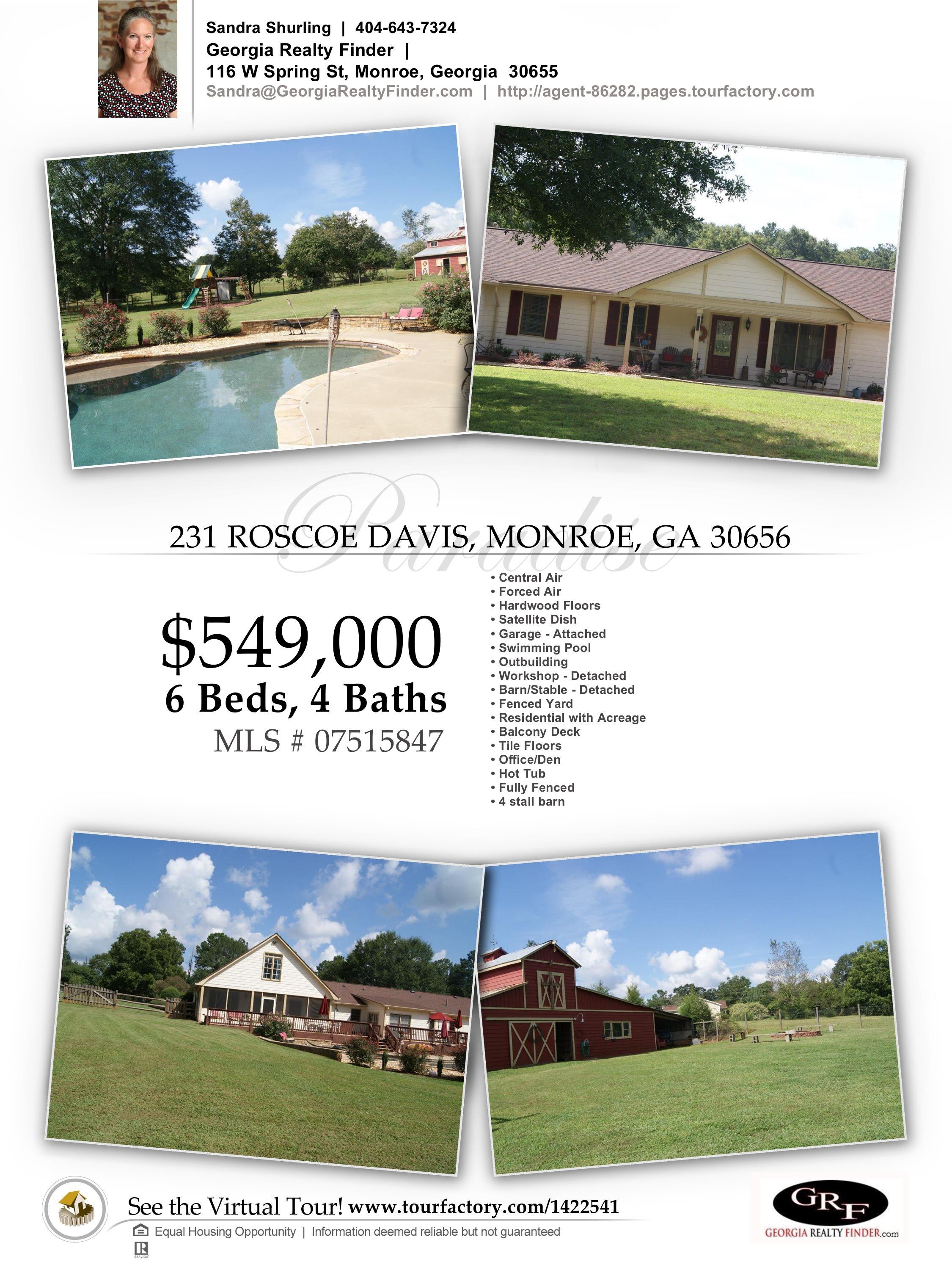 This gorgeous ranch style home is located at 231 Roscoe Davis, Monroe, Georgia 30656. A swimming pool, detached barn/stable and workshop, hot tube and 4 stall barn are just a few of the amenities with this property. For more information on this property, follow this link: http://www.tourfactory.com/idxr1422541. 