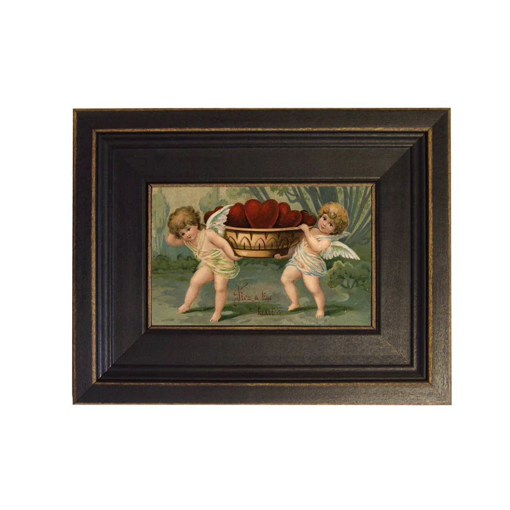 Angels w/ Bowl of Hearts Framed Painting Print on Canvas: Black Wood Frame
